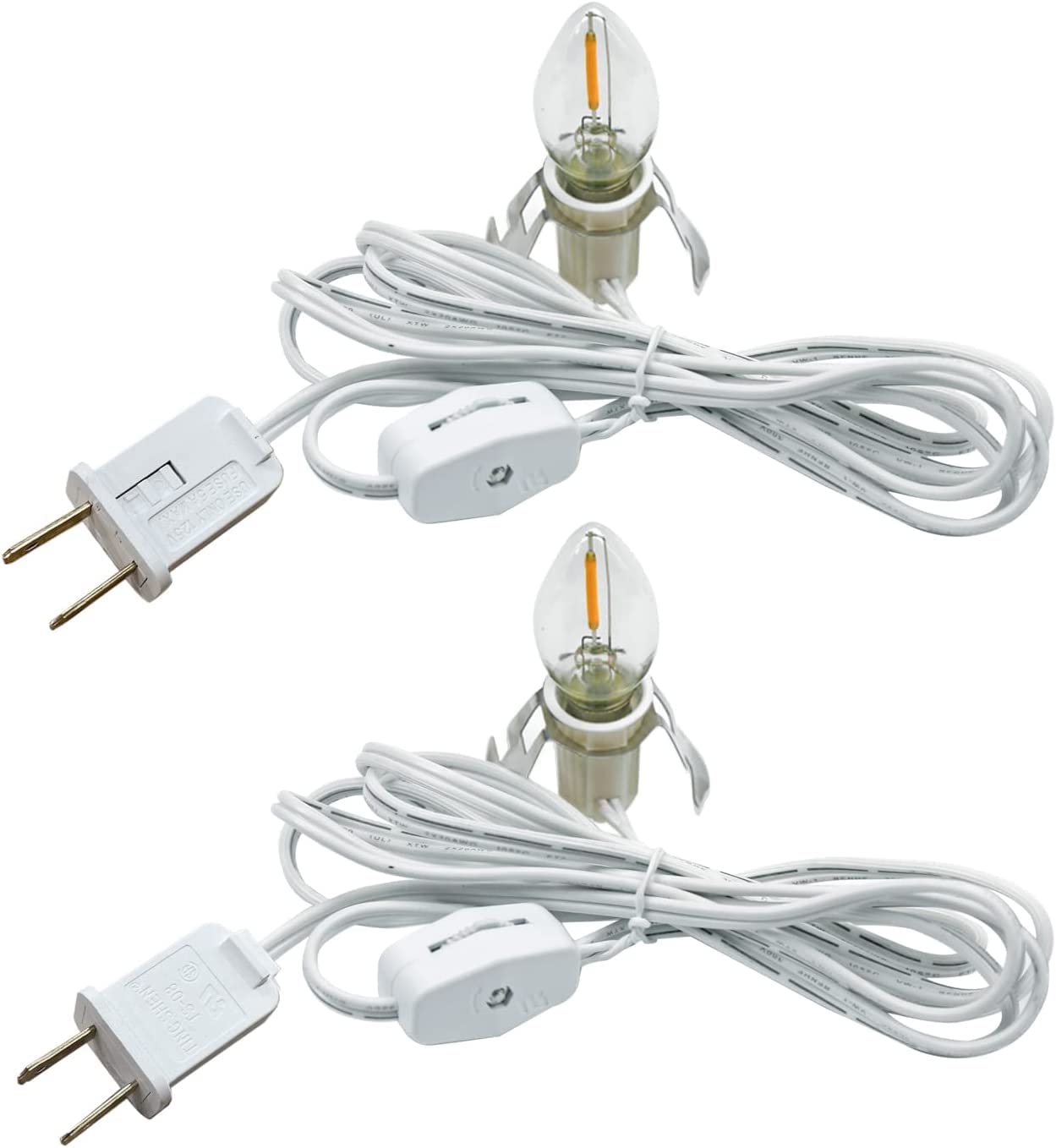 4 Pack Lights Accessory Cord with 4 C7 Led Light Bulb, Clip-in Lamp Cord Replacement, Candelabra-Base E12 Socket White Cord with On/Off Switch Pluggs for Holiday Decorations