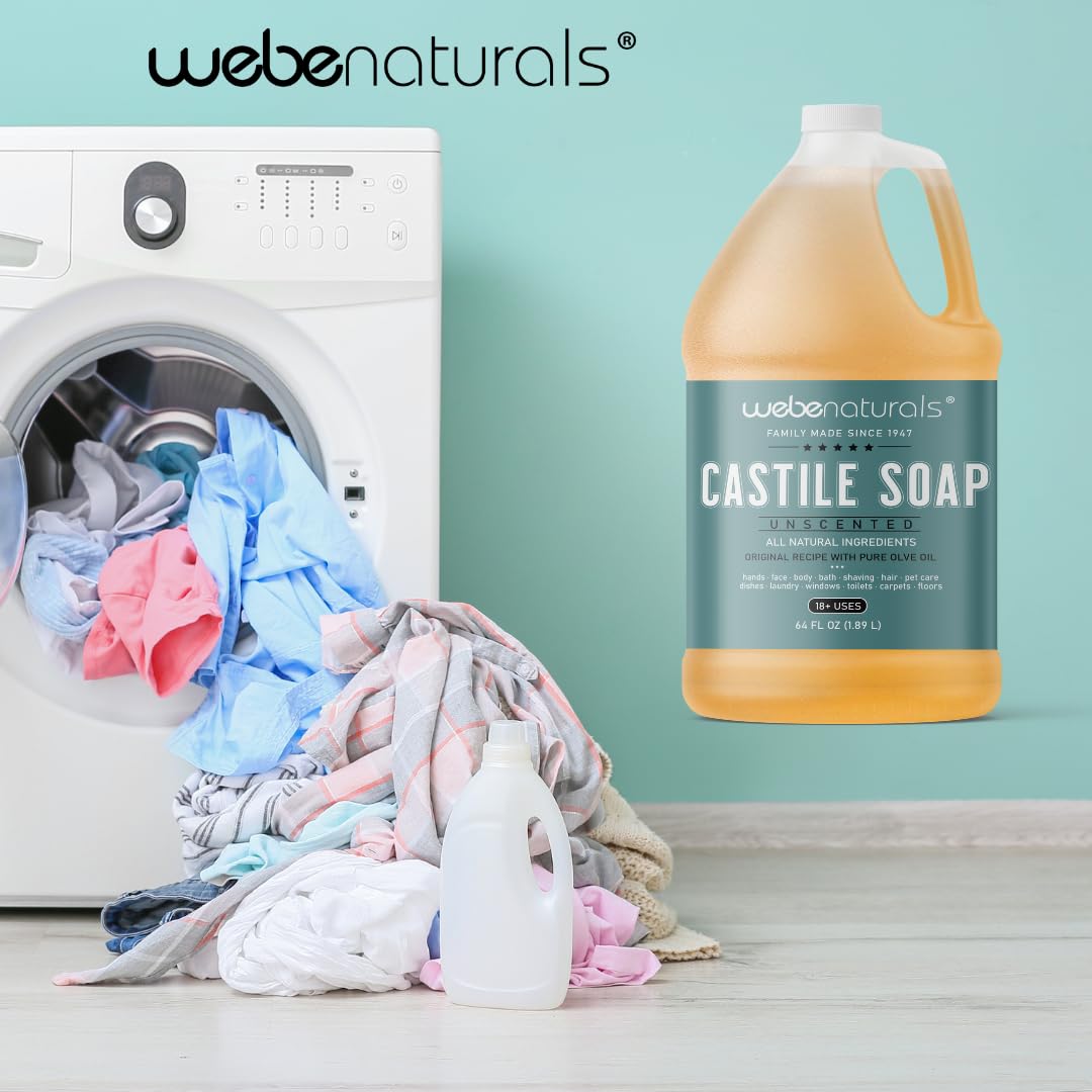 WEBE Pure Unscented Castile Liquid Soap Refill, 64 Ounce | Vegan & Gluten Free Non-GMO, For Face, Body Wash, Dishes, Pets & Laundry