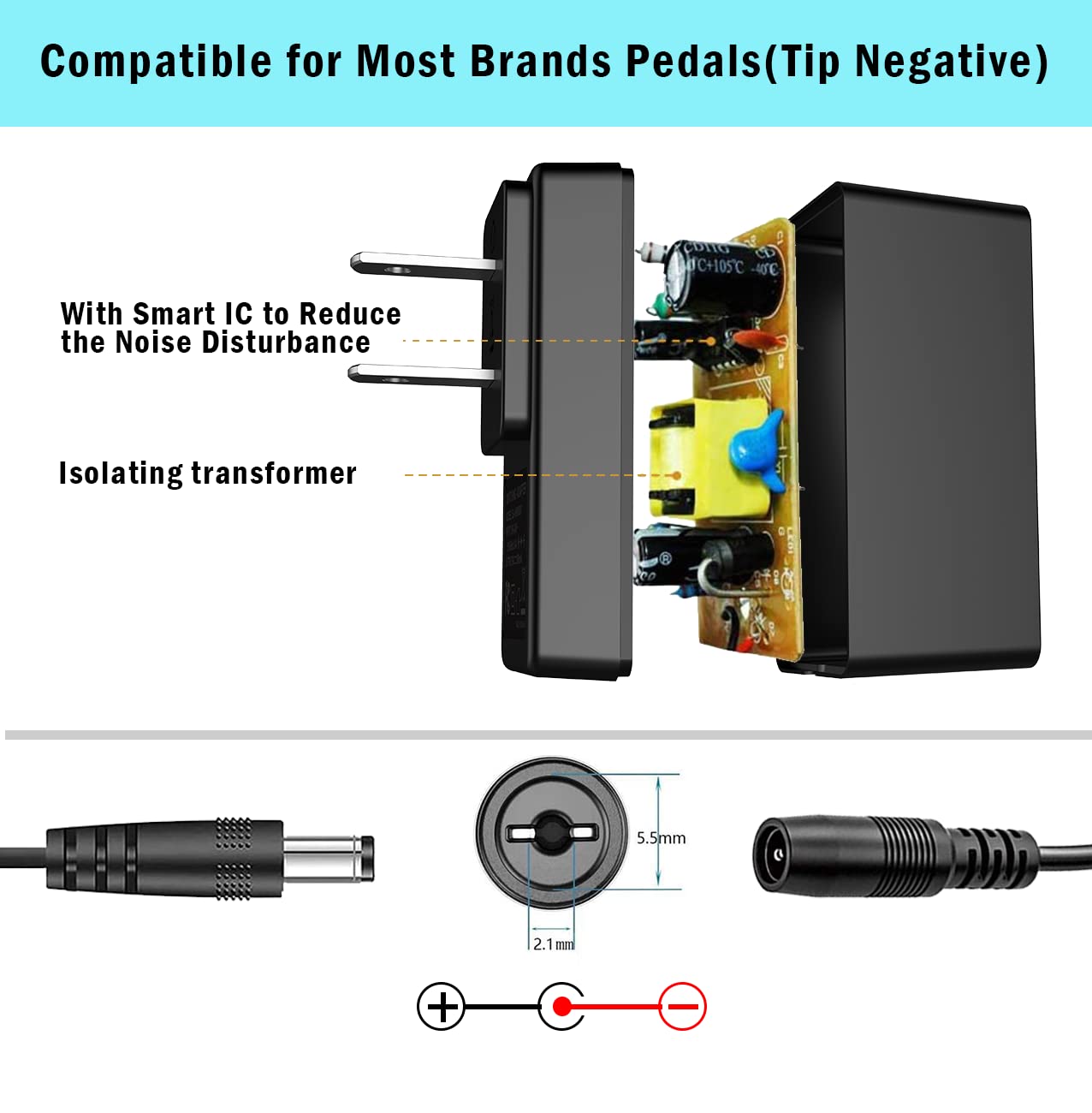 JOYO DC 9V Guitar Pedal Power Supply (800mA -1A) AC Wall Charger Adapter with 4 Way Daisy Chain Pedal Cables (8.8 FT), Compatible for Most Effect Pedals (Tip Negative)
