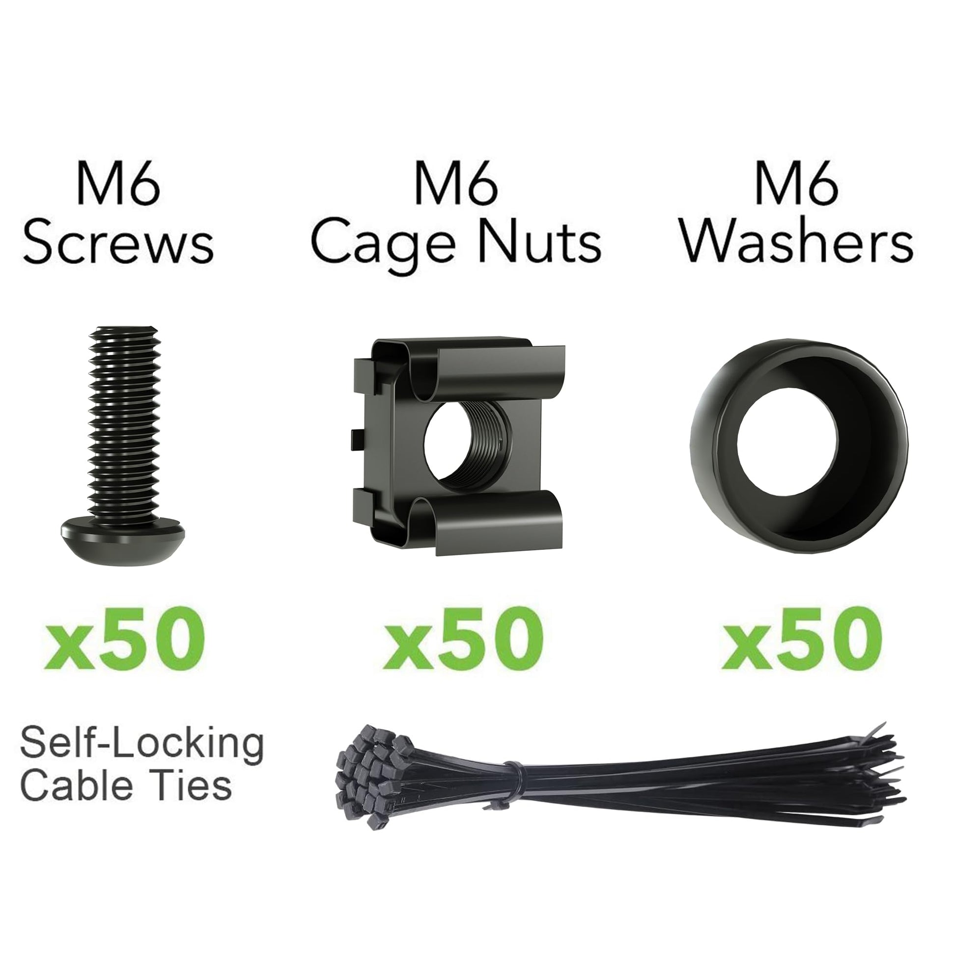 50 PACK M6 x 16mm Rack Mount Cage Nuts, Screws and Washers for Rack Mount Server Cabinet, Rack Mount Server Shelves, Routers, Rack Mount Screws and Square Insert Nuts, Self-Locking Cable Ties for Free