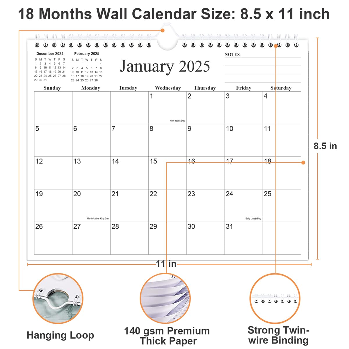 Calendar 2025-18 Months Calendar from January 2025 to June 2026, Wall Calendar 2025-2026 with Thick Paper, 8.5" x 11", Black