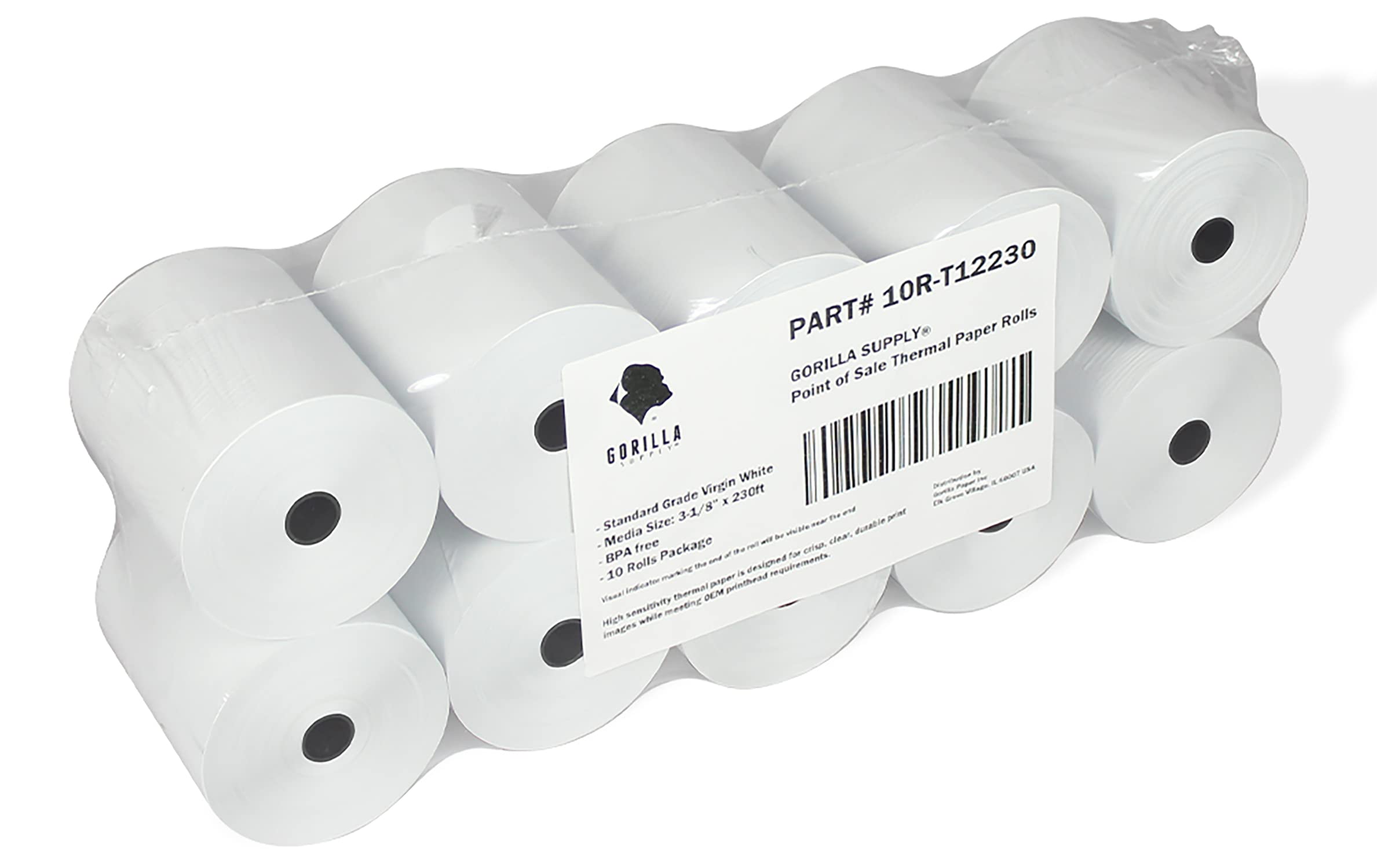 (10) Gorilla Supply 55gsm 3 1/8 x 230 Thermal Paper Receipt Roll Clover Station Solo Duo TM-T88 T20 T90 Bixolon SRP-350 370, 3.125 x 230 ft Cash Register Paper, BPA Free, 10 Rolls