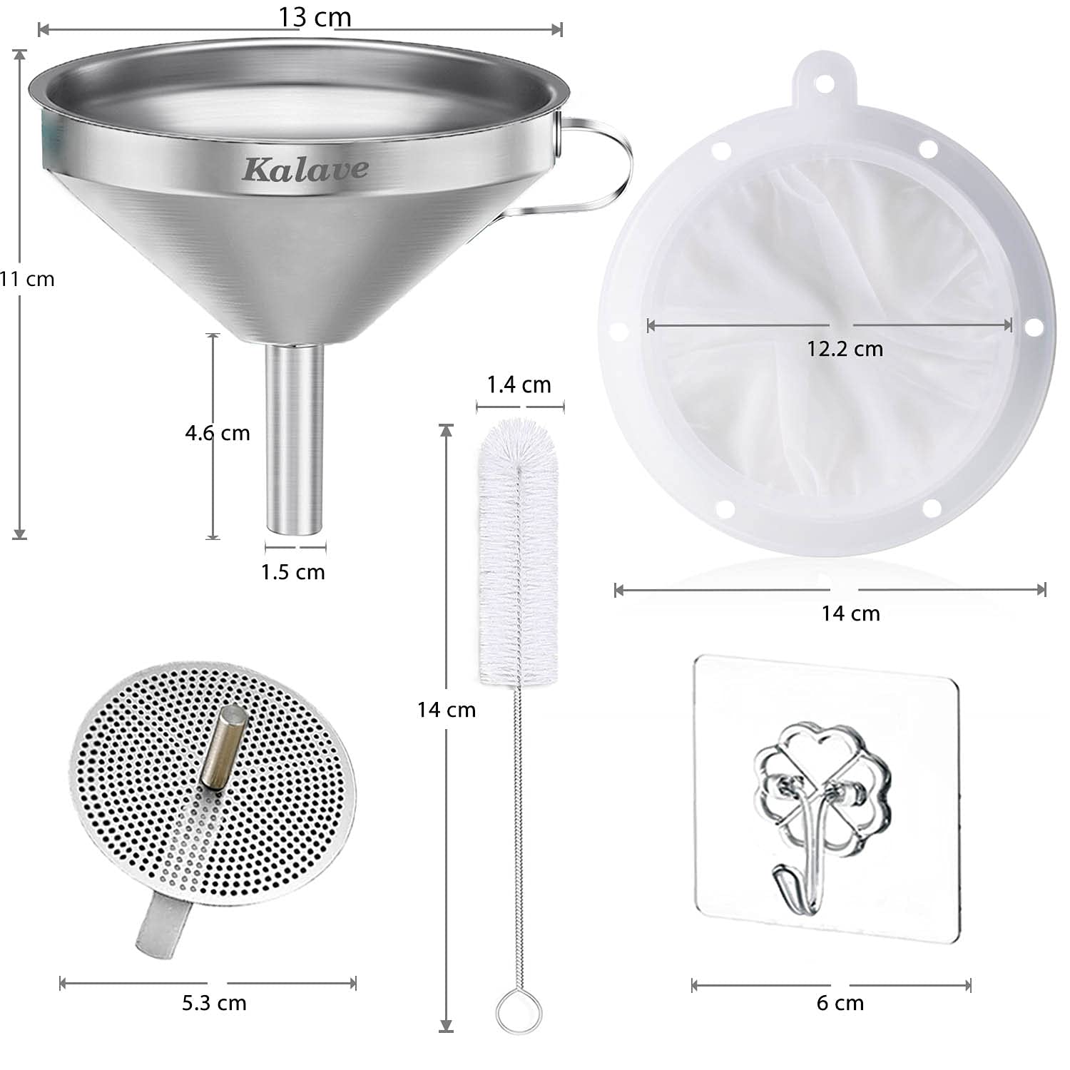 KALAVE Premium Stainless Steel Funnel, 5 Inch Food Grade Kitchen Funnels with 200 Mesh Food Filter Strainer for Filling Bottles, Oils, Juice, Wine, Coffee, Milk
