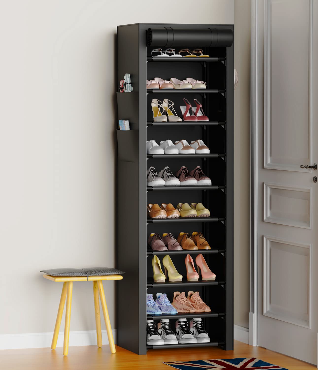 VTRIN Vertical Narrow Shoe Rack Organizer Tall Shoe Rack for Closet Entryway 10 Tier Non-Woven Cover Shoe Shelf Holds 20-22 Pairs Free Standing Shoe Storage Cabinet with Dustproof Cover, Black