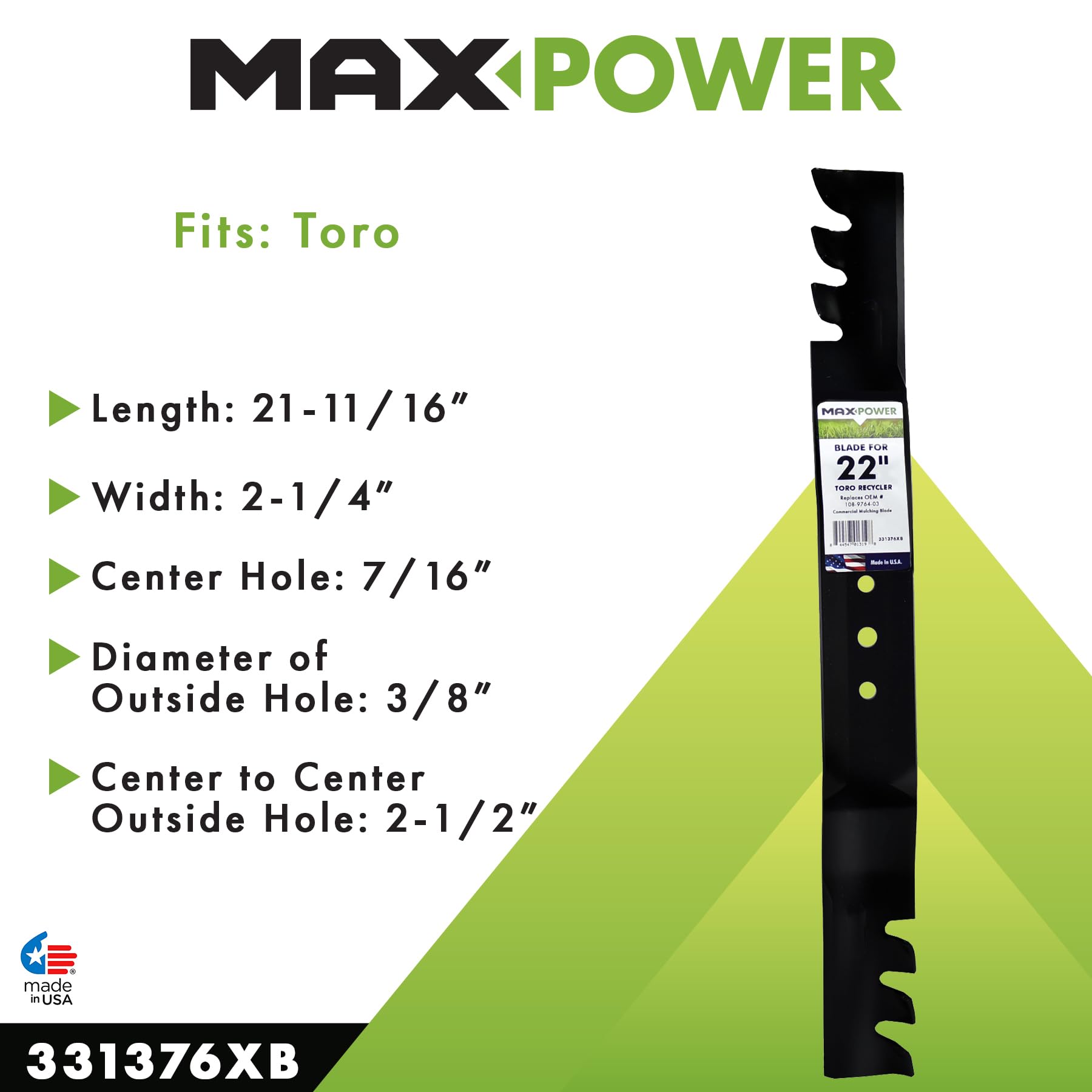 MaxPower 331376XB Commercial Mulching Mower Blade for 22" Toro Recyclers, Replaces OEM no. 108-9764-03, 131-4547-03, Black