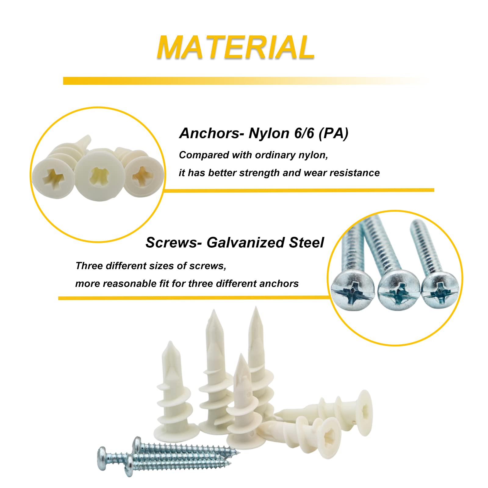 Kevinrooty 3 Sizes Self Drilling Drywall Anchors, 310PCS Nylon Plastic Wall Anchors and Screws for Drywall, No Pre Drill Hole Preparation Required,13x32mm,15x33mm,13x42mm