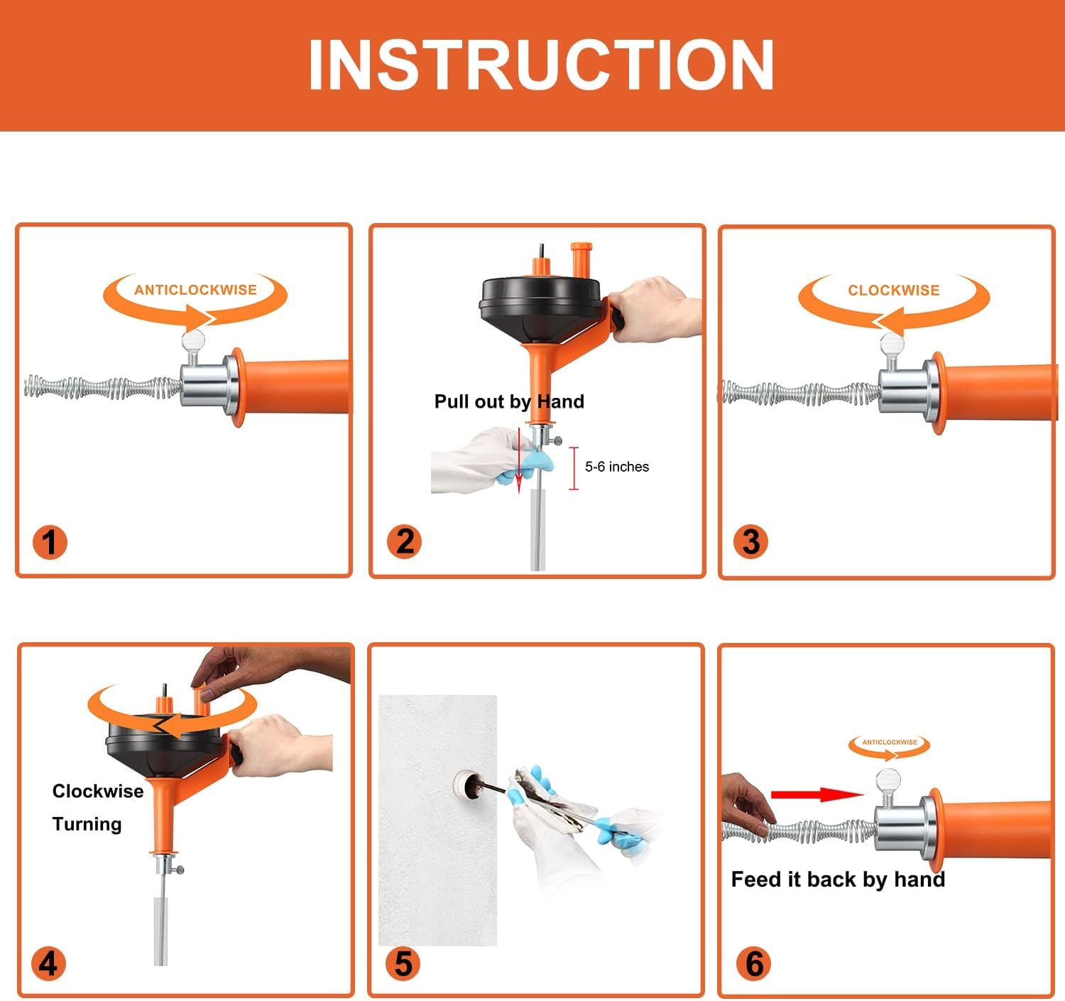 Drain Auger, Clog Remover with Drill Adapter, 25 Feet Flexible Plumbing Snake Use Manually or Powered for Kitchen,Bathrom and Shower Sink, Comes with Gloves (orange)