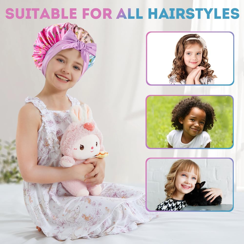 3 PCS Kids Bonnets for Girls,Kids Hair Bonnet,Silk Bonnet for Kid Sleeping,Cute Printed Silk lace up Children's Nightcap,A Sleeping Cap Suitable for Teenagers and Young Children