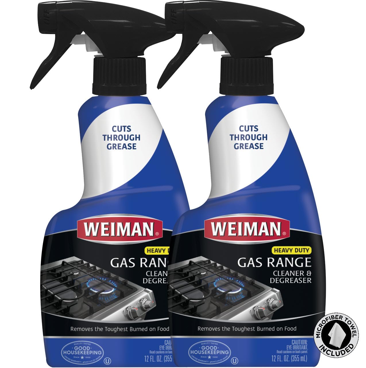 Weiman Heavy Duty Gas Range & Stove Top Cleaner and Degreaser - 2 Pack, 24 Ounces with MicroFiber Cleaning Towel