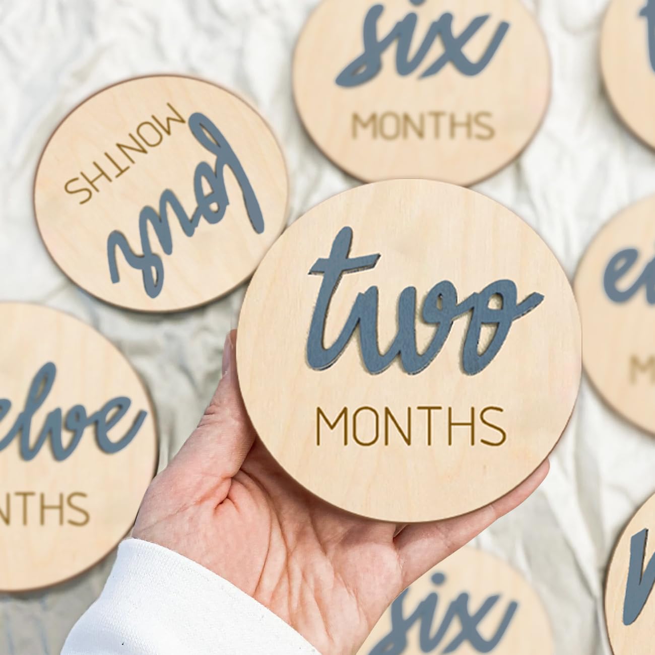 Baby Monthly Milestone Markers Disc, Wooden 3D Milestone Cards for Photos, Baby Announcement Sign,Slate Blue, 1-12 Months, 4 Inches in Size.