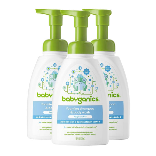 Babyganics Baby Shampoo + Body Wash Pump Bottle, Fragrance Free, 16oz, 3 Pack