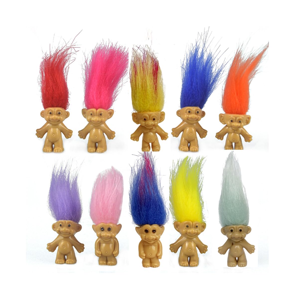 10PCS Mini troll Dolls, Assorted Hair Colors Vintage troll Dolls Action Figures 1.2" Cake Toppers Chromatic Adorable Cute Little Guys Collection, School Project, Arts Crafts, Party Favors