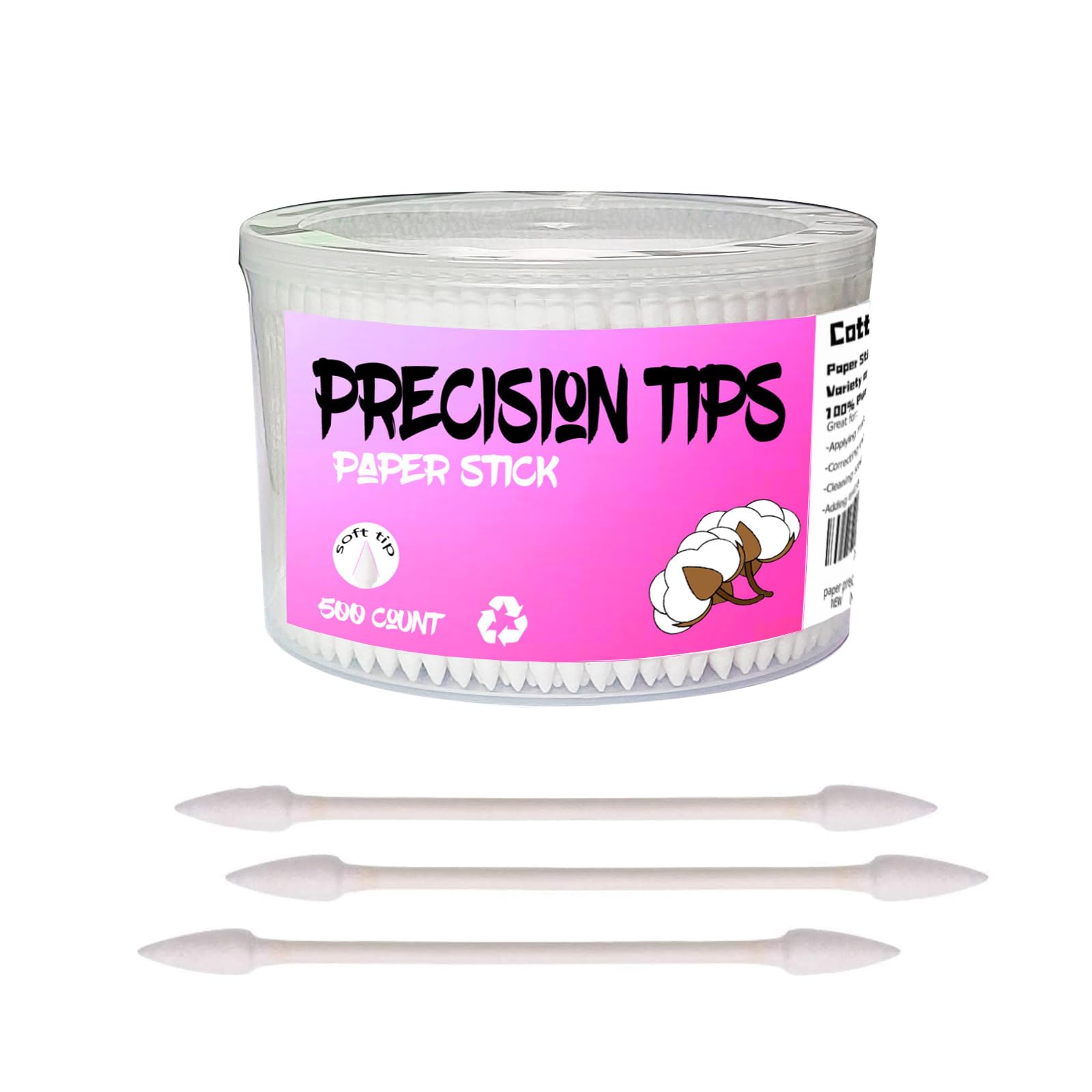 Pointed Tip Cotton Swabs,500 count Cotton Buds,Double Precision Tips with Paper Stick for Personal Care and Makeup