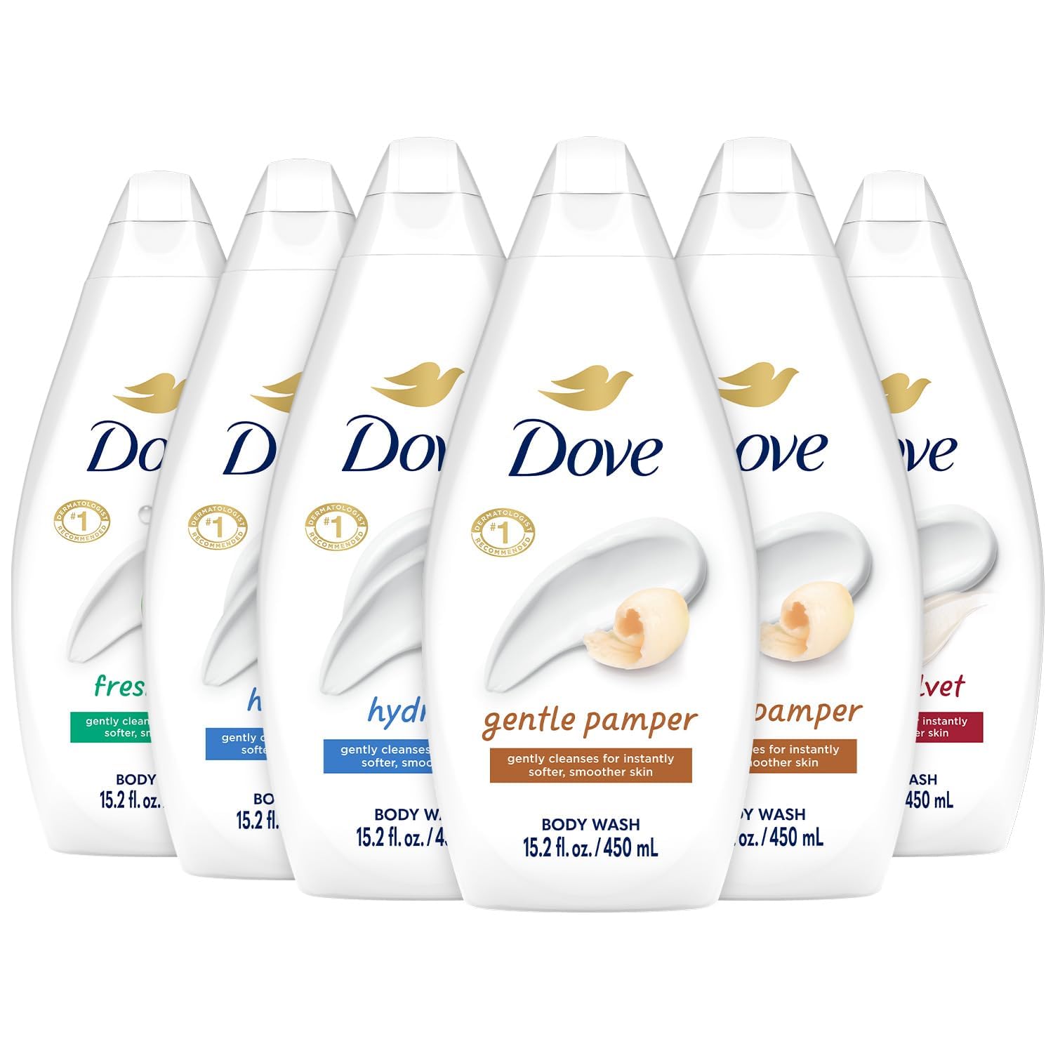 Dove Body Wash Variety 6-Pack – Hydrate, Gentle Pamper, Fresh Care, and Silky Velvet, 15.2 Oz Ea