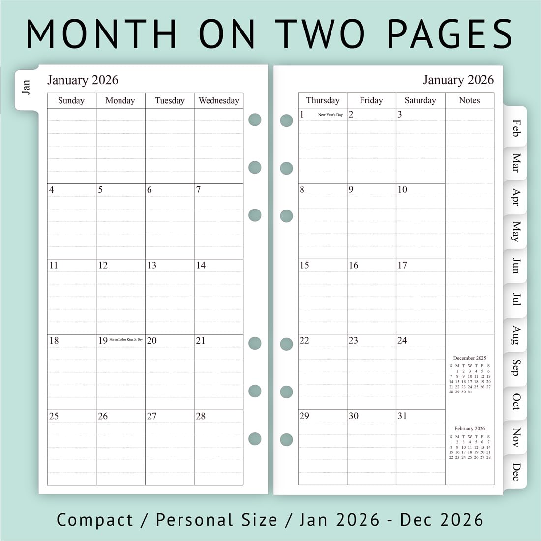 newestor 2026 Weekly & Monthly Planner Refill, 3-3/4" x 6-3/4", Jan 2026 - Dec 2026, Personal/Compact/Size 3