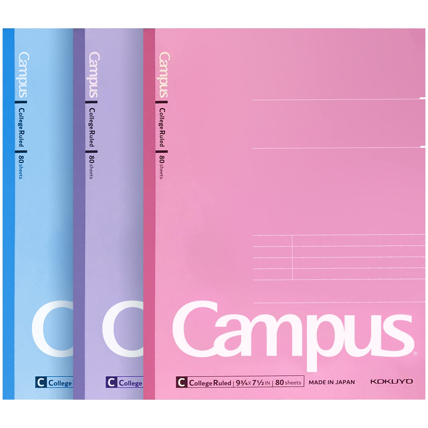KOKUYO Campus Composition Notebook, 9-3/4Ã¢ÂÂ x 7-1/2Ã¢ÂÂ, College Ruled, 80 Sheets (160 pages), Bleed Resistant, Pack of 3 Colors - Pink, Blue, Lavender, Made in Japan (WSG-NO-308CG1ÃÂ3)