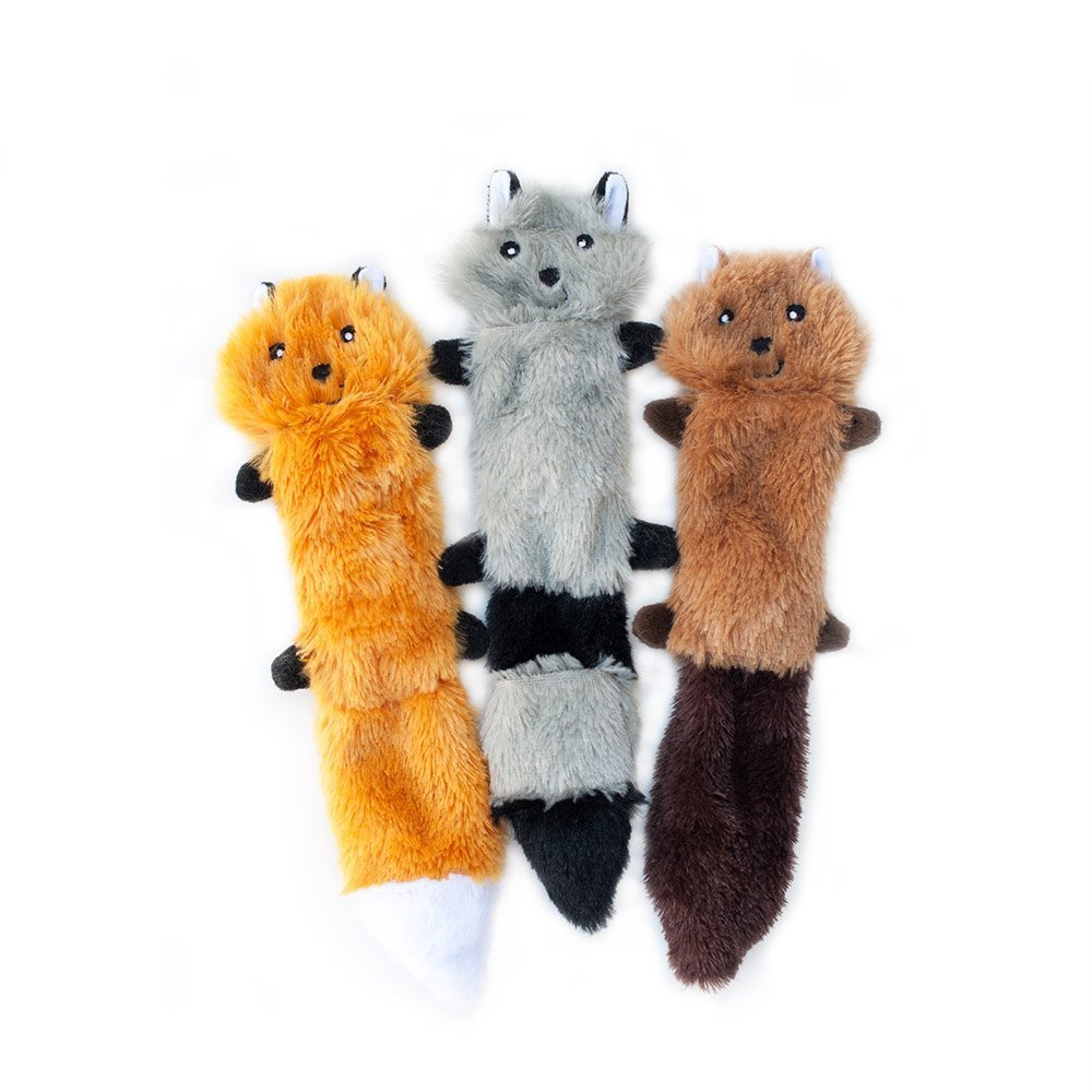 ZippyPaws Skinny Peltz - Fox, Raccoon, & Squirrel - No Stuffing Squeaky Dog Toys, Unstuffed Chew Toy for Small & Medium Breeds, Bulk Multi-Pack of 3 Soft Plush Toys, Flat No Stuffing Puppy Toys - 18"