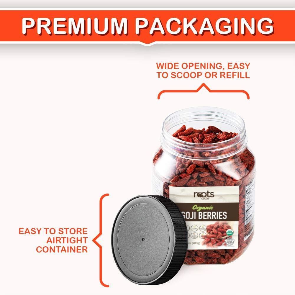 Roots Circle USDA Organic Dried Goji Berries 14.1oz Jar 1 Pack | Bulk Supply of Goji Berry Fruit Superfood | Naturally Rich in Antioxidants to Support Healthy Skin | Raw, Natural, Vegan, Non-GMO, Kosher