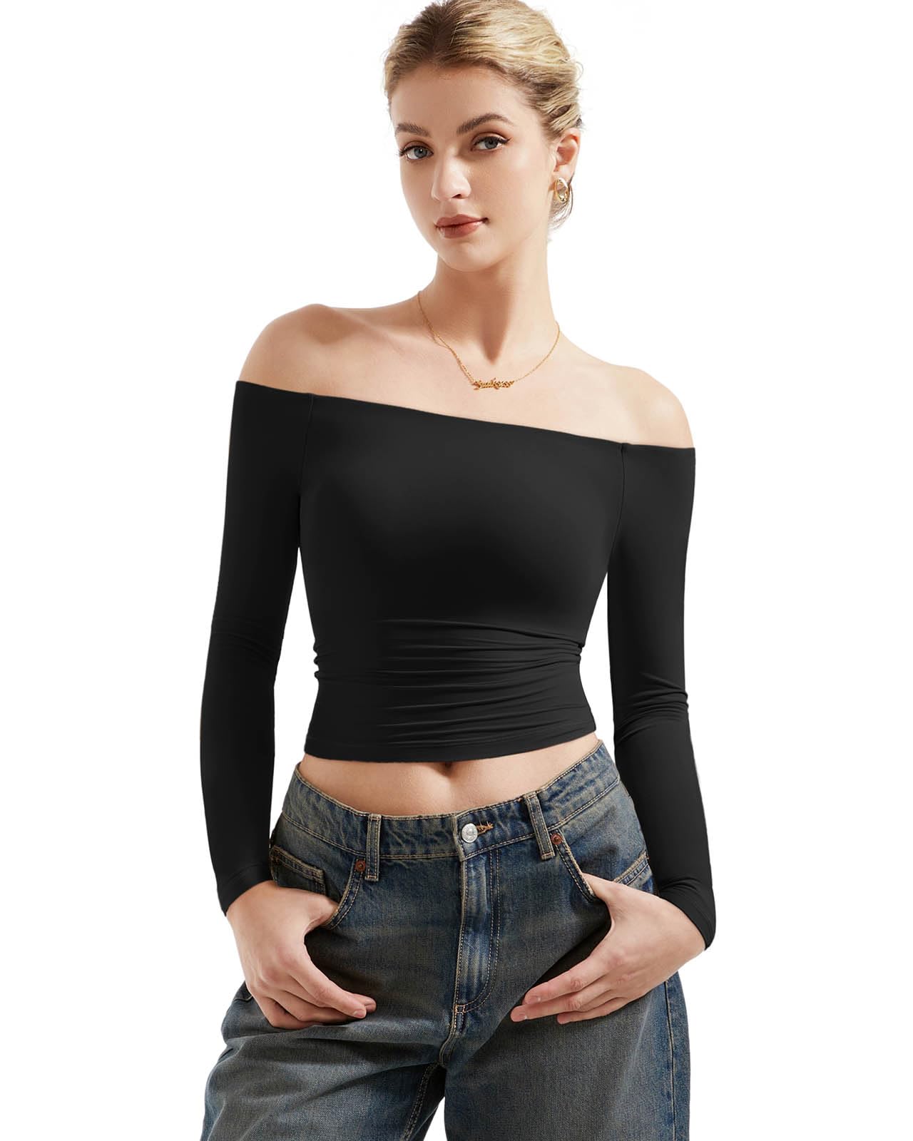 SUUKSESS Women Off The Shoulder Double Lined Long Sleeve Shirts Fitted Y2k Basic Going Out Tops (Jet Black, M)