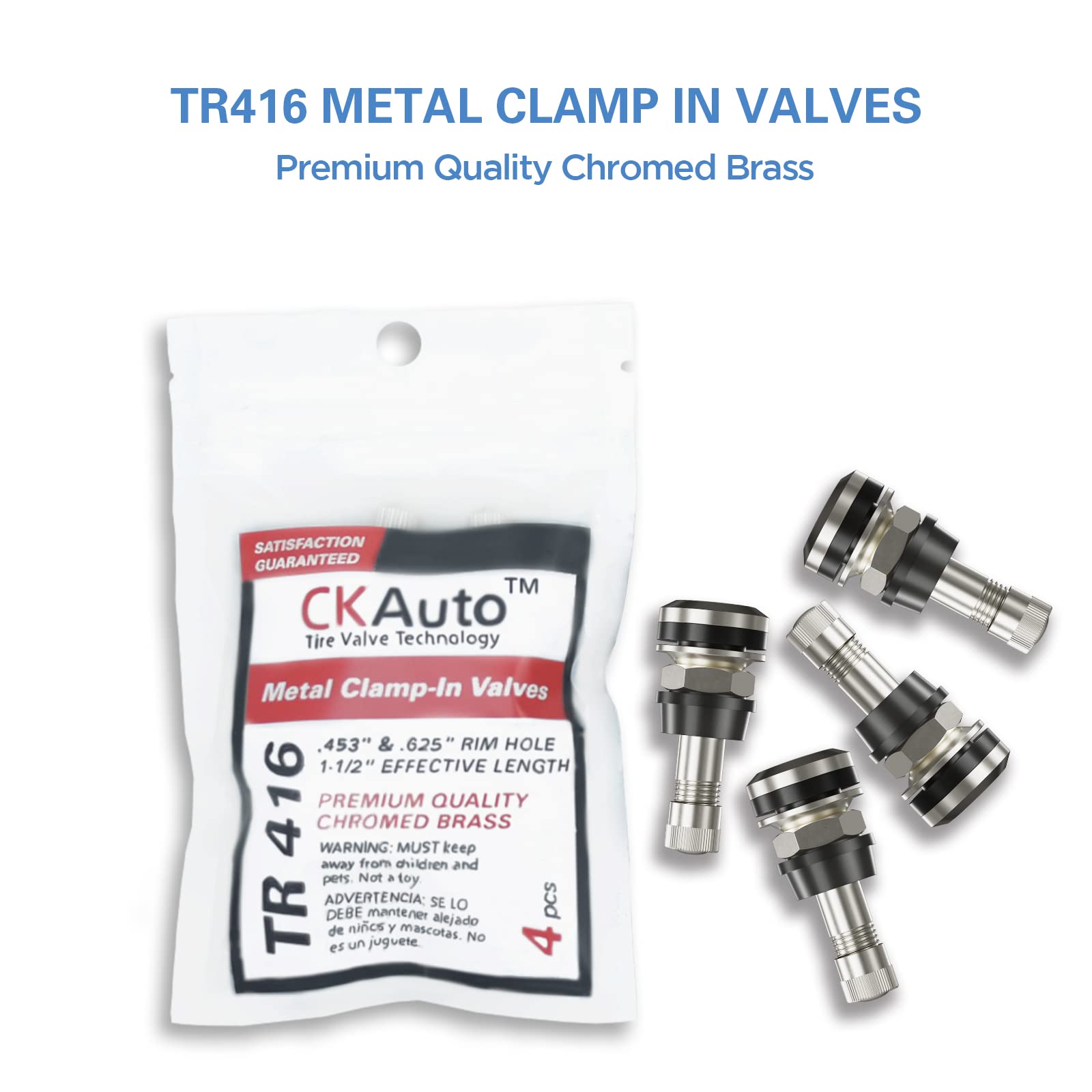 CKAuto 4 Pieces TR416 Metal Valve Stems Outer Mount Fits .453" & .625" Rim Holes Long 1 1/2", Silver