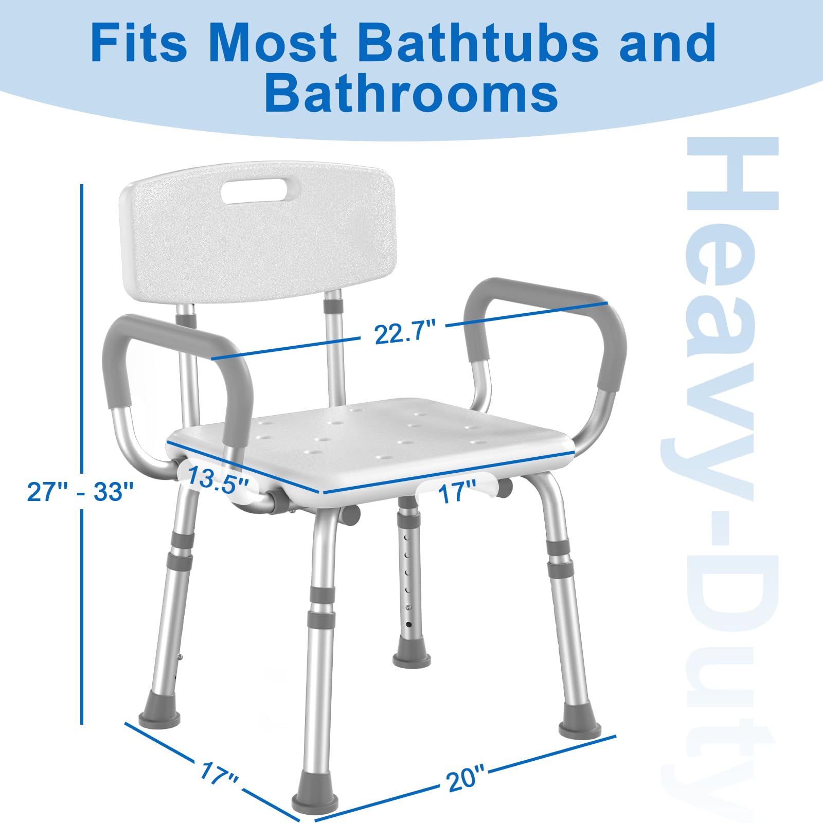 HOMLAND Shower Chair for Inside Shower with Arms and Back, 500 lbs Heavy Duty Shower Seat for Bathtub, Height Adjustable Safety Bath Seat for Elderly, Adults, Handicap and Disabled