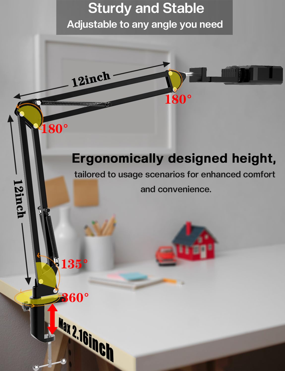 Overhead Phone Mount, Articulating Arm Cell Phone Holder with LED Light, Flexible Phone Stand for Live Streaming, Video Recording, Painting Lighting, Cooking