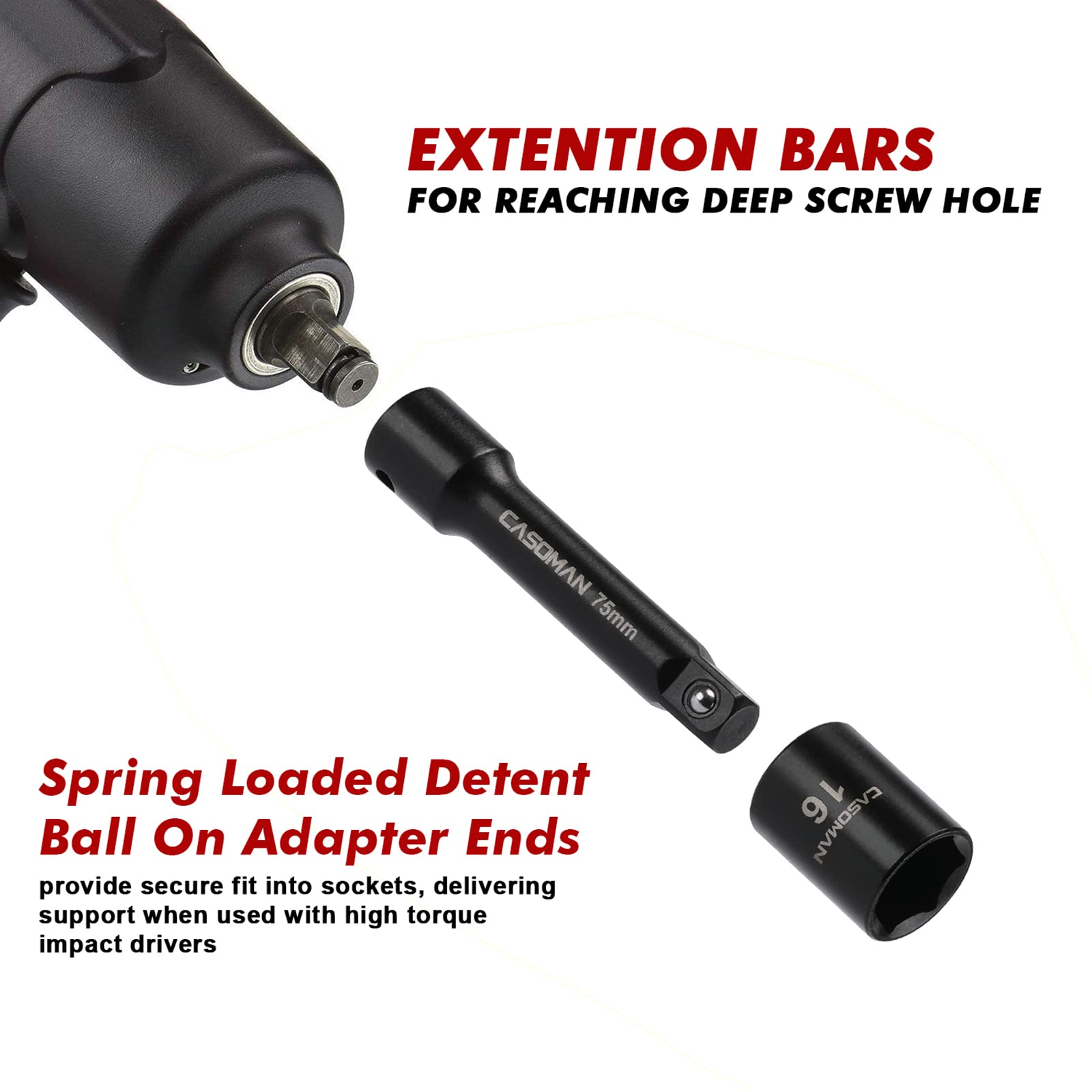 CASOMAN 3/8" Drive Impact Socket Set, 49 Piece Standard SAE and Metric Sizes (5/16-Inch to 3/4-Inch and 8-22 mm), 6 Point, Cr-V Steel Socket Set