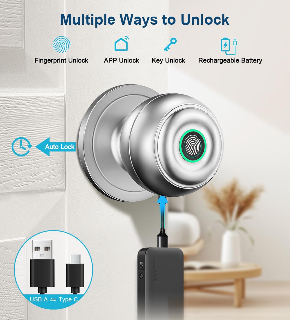 KLLOQUE Fingerprint Door Lock, Smart Fingerprint Door Knob with Lock, Biometric Door Locks with App Control & Key, Keyless Thumbprint Entry Door Locks for Bedroom, Front Door, Home, Apartment-Silver