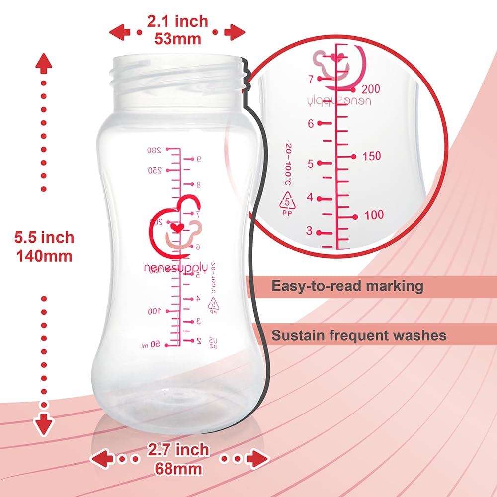 Nenesupply 9oz 4 Count Wide Neck Mouth Breastmilk Storage Bottle Breast Pump Bottles Use for Pumping with Spectra S1 S2 9 Plus Breast Pumps. Replace Spectra Bottles for Pumping Breastmilk Collection