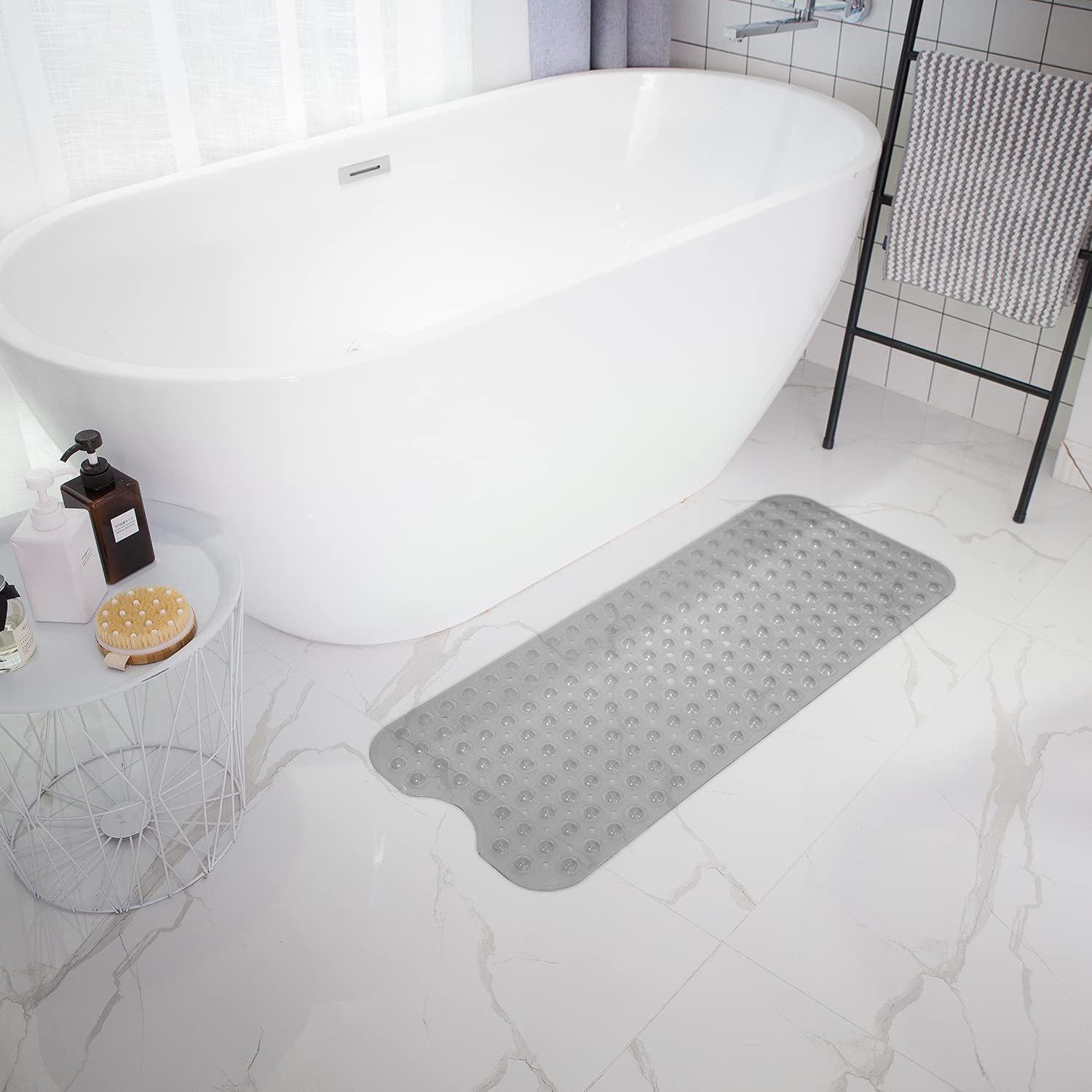 TEESHLY Bathtub Mats for Shower Tub, Extra Long Non-Slip 39 x 16 Inch Bath Mat with Drain Holes and Suction Cups, BathMat for Bathroom with Machine Washable (Clear Grey)
