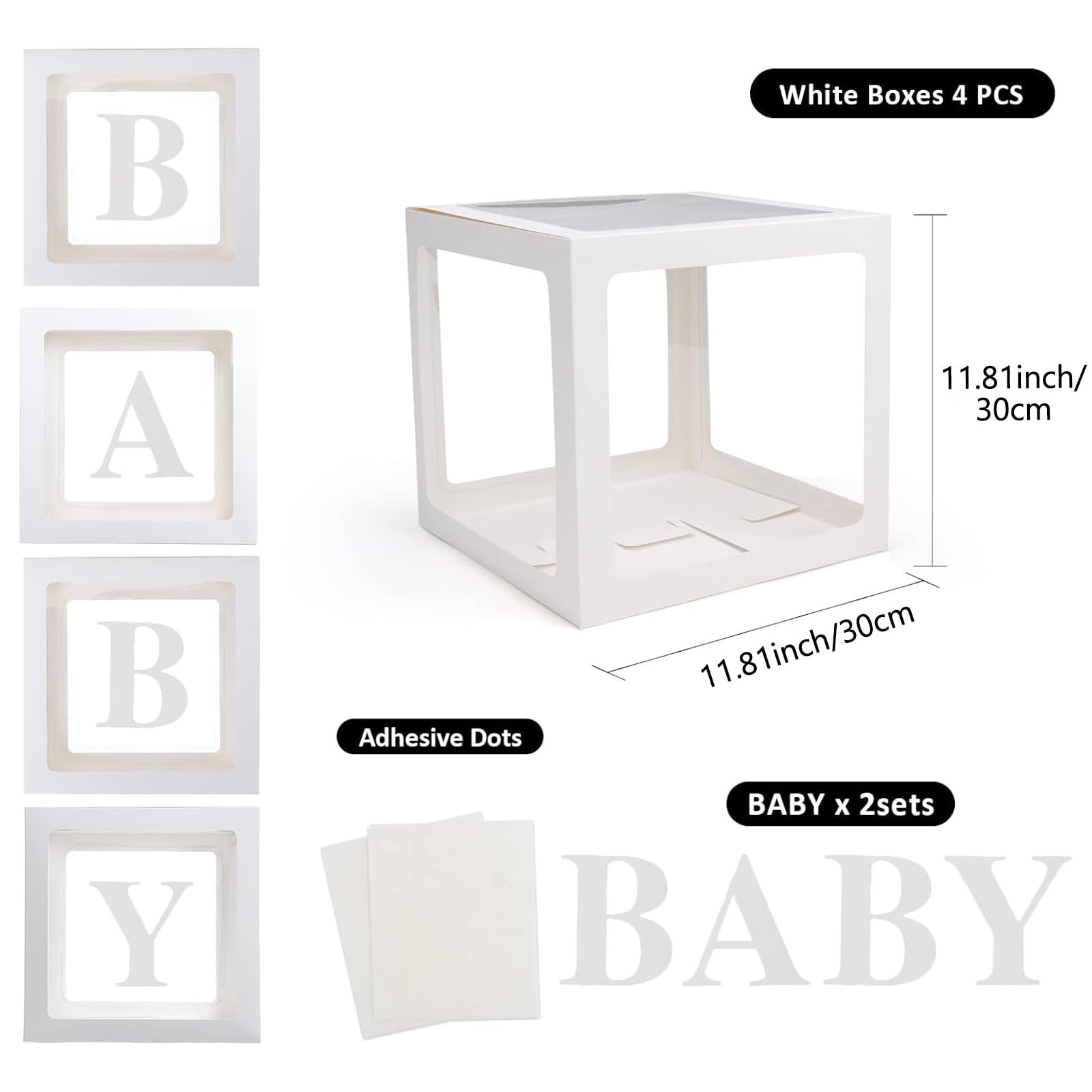 Baby Boxes with Letters for Baby Shower, 4 Transparent Balloon Boxes with Letters for Gender Reveal Birthday Wedding Baby Shower Decorations (White)