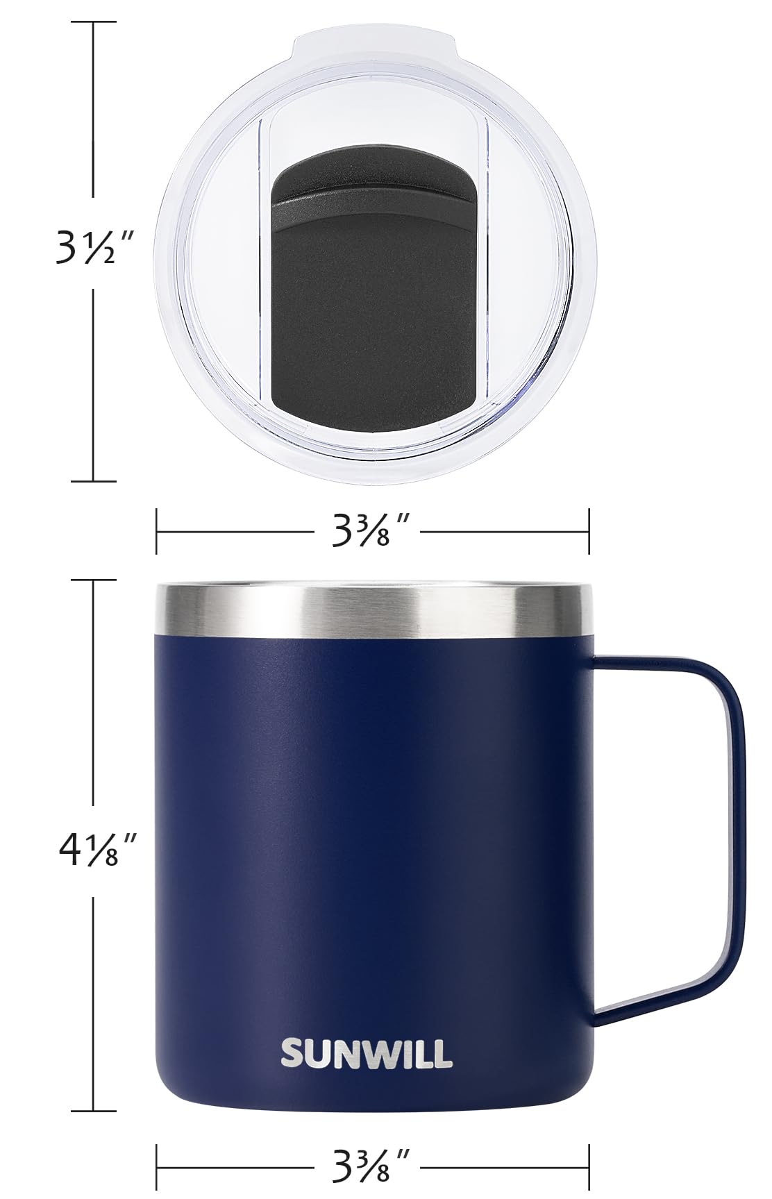SUNWILL Insulated Coffee Mug with Lid, Travel Tumbler with Handle, 14oz Stainless Steel Cup for Camping, Office, Home, Powder Coated Navy Blue