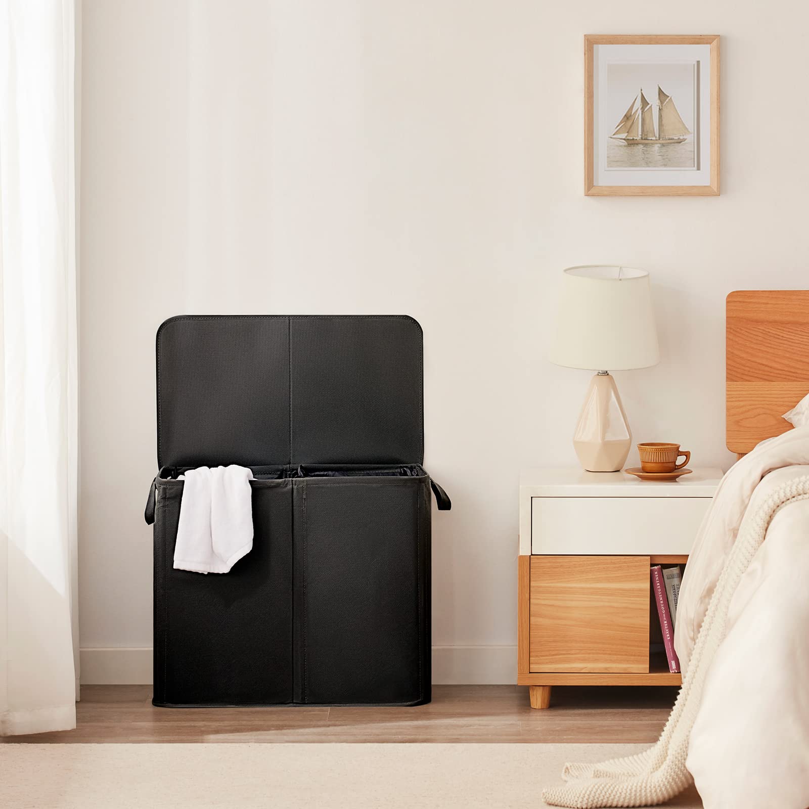 Lifewit Double Laundry Hamper with Lid and Removable Laundry Bags, Large Collapsible 2 Dividers Dirty Clothes Basket with Handles for Bedroom, Laundry Room, Closet, Bathroom, College, 136L Black