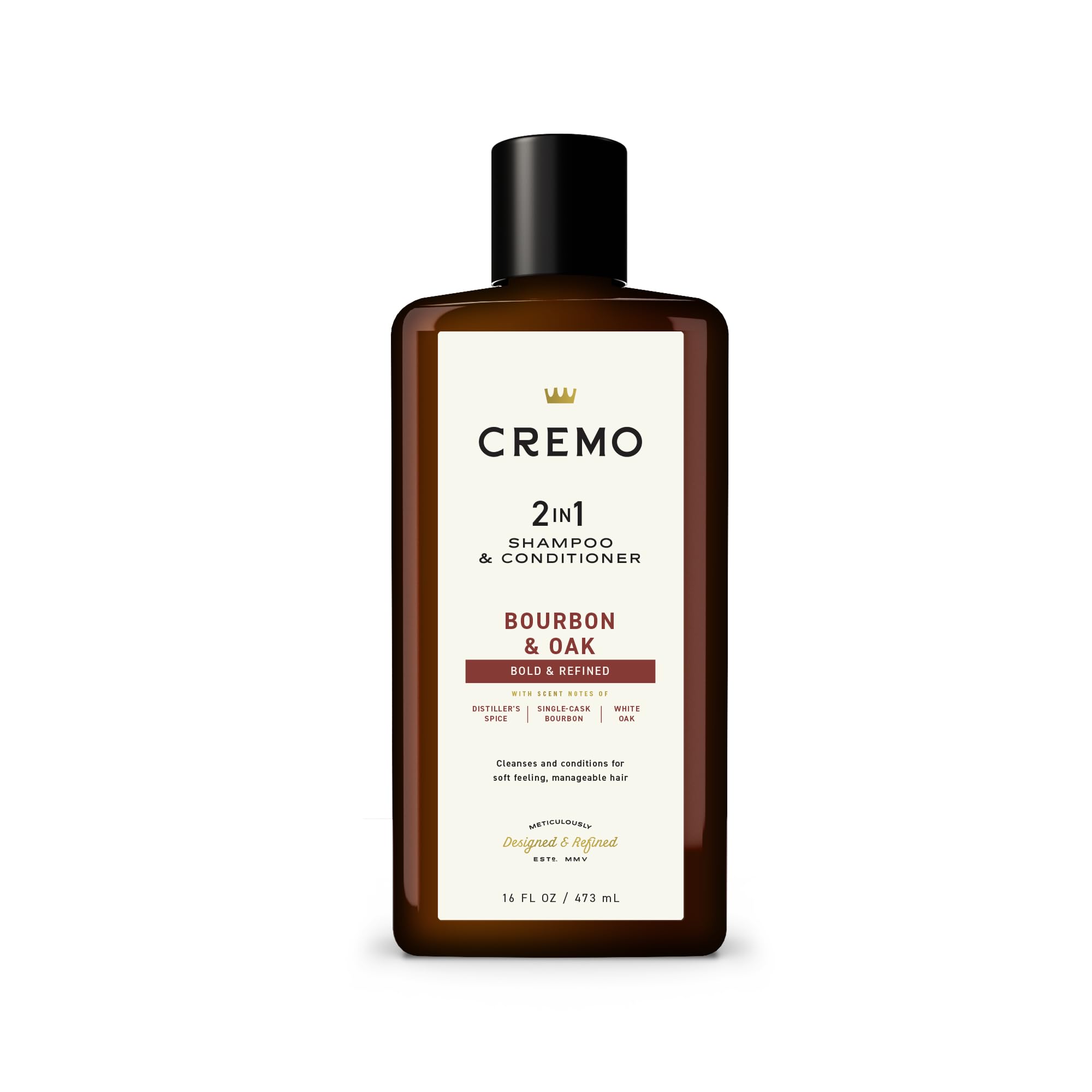 Cremo Bourbon & Oak 2-in-1 Shampoo & Spülung für Männer, Eine raffinierte Mischung aus Destillateur-Gewürzen, edlem Bourbon und weißer Eiche, 473 ml