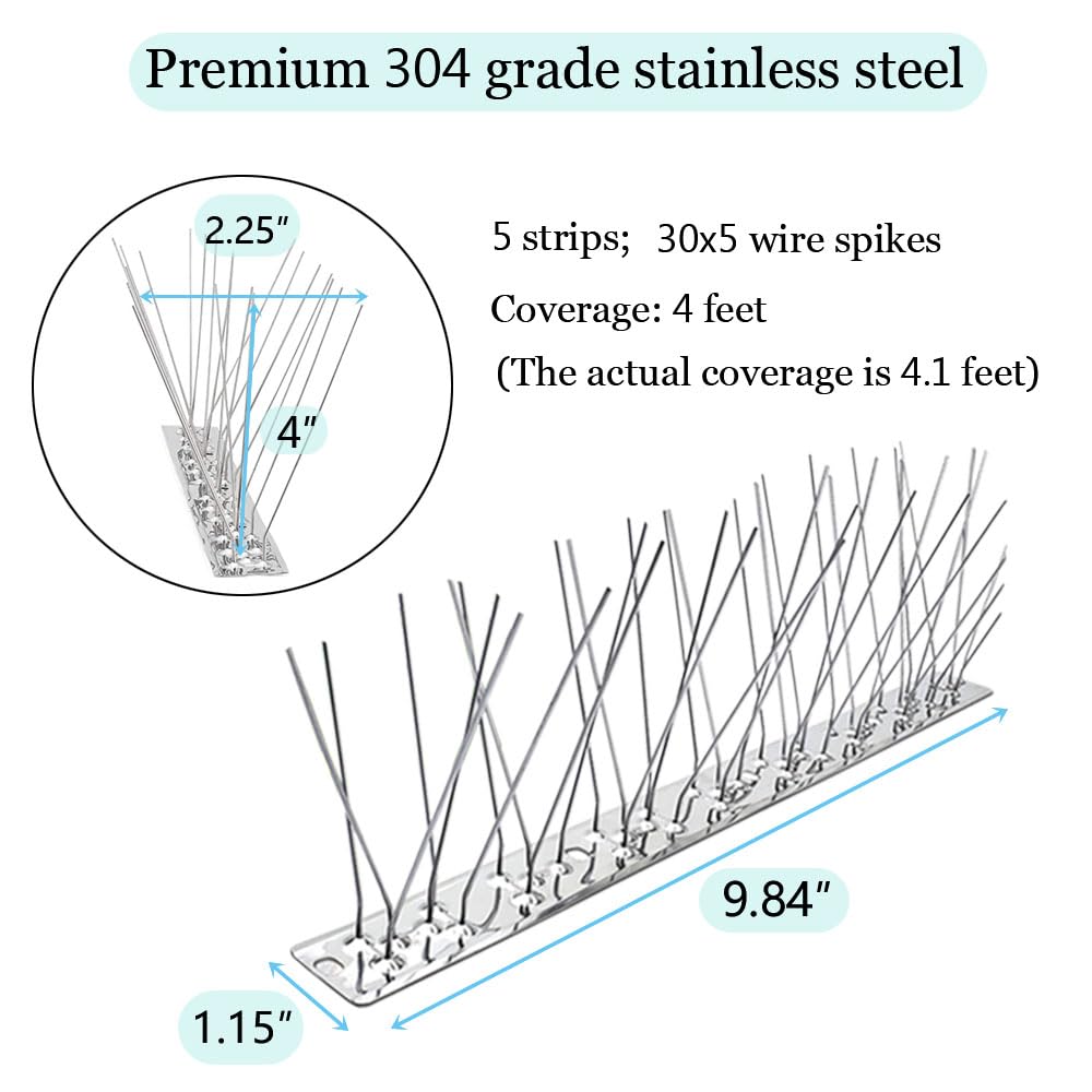 PANGCH Bird Spikes,Stainless Steel Bird Spikes Metal Bird Spikes Fence Spikes Easy to Install - 5 Strips 4.1 Feet Coverage