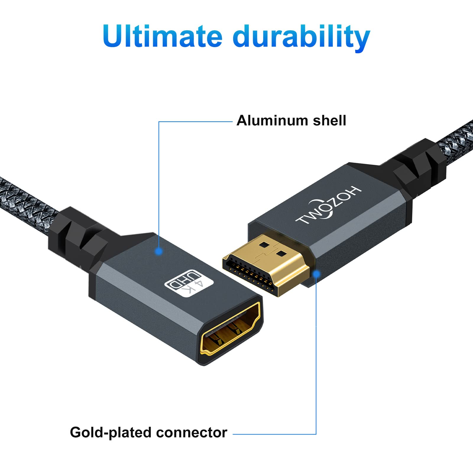 Twozoh HDMI Extension Cable 6.6FT, HDMI Male to Female HDMI Cord, HDMI 2.0 Cable Adapter Support 4K@60Hz 3D HDR