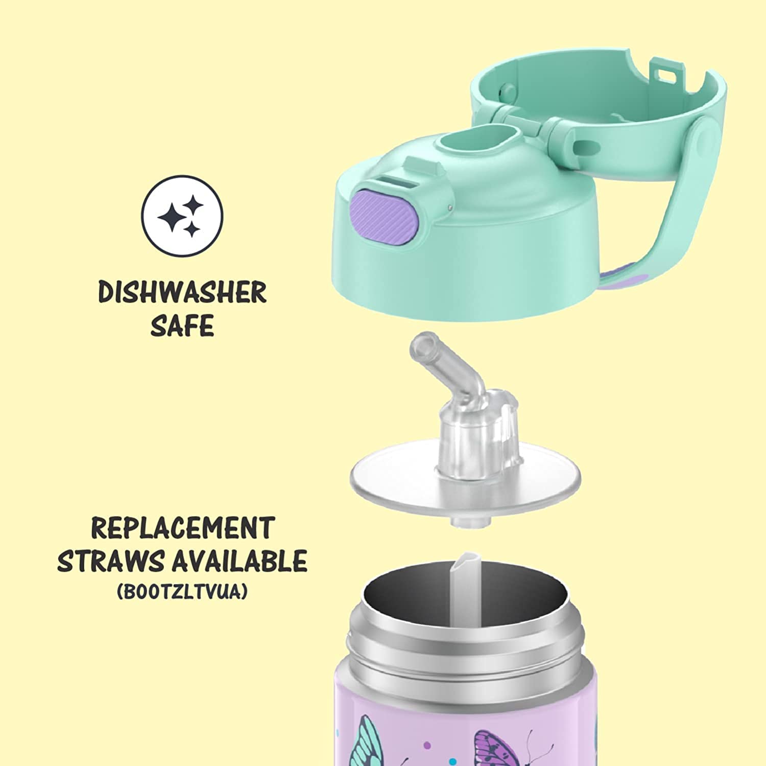 THERMOS FUNTAINER Water Bottle with Straw - 12 Ounce - Kids Stainless Steel Vacuum Insulated Water Bottle with Lid, Butterfly Frenzy