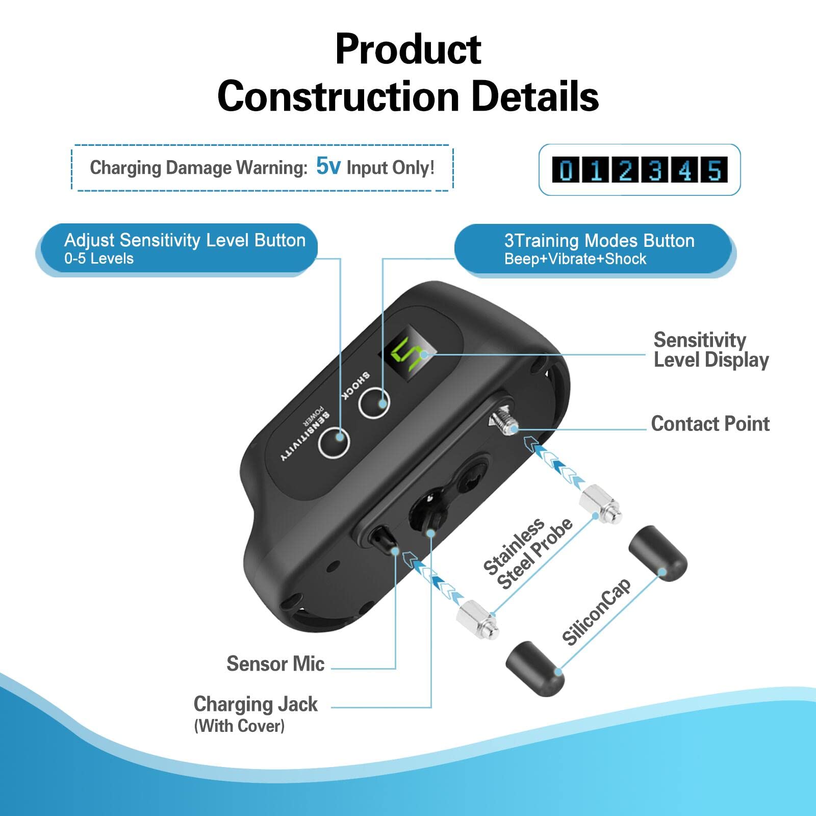 Rechargeable Dog Bark Collar with Beep Vibration and Shock,Anti Barking Collar for Small Medium Large Dogs, Humane Dog Training Device with 5 Adjustable Sensitivity Levels