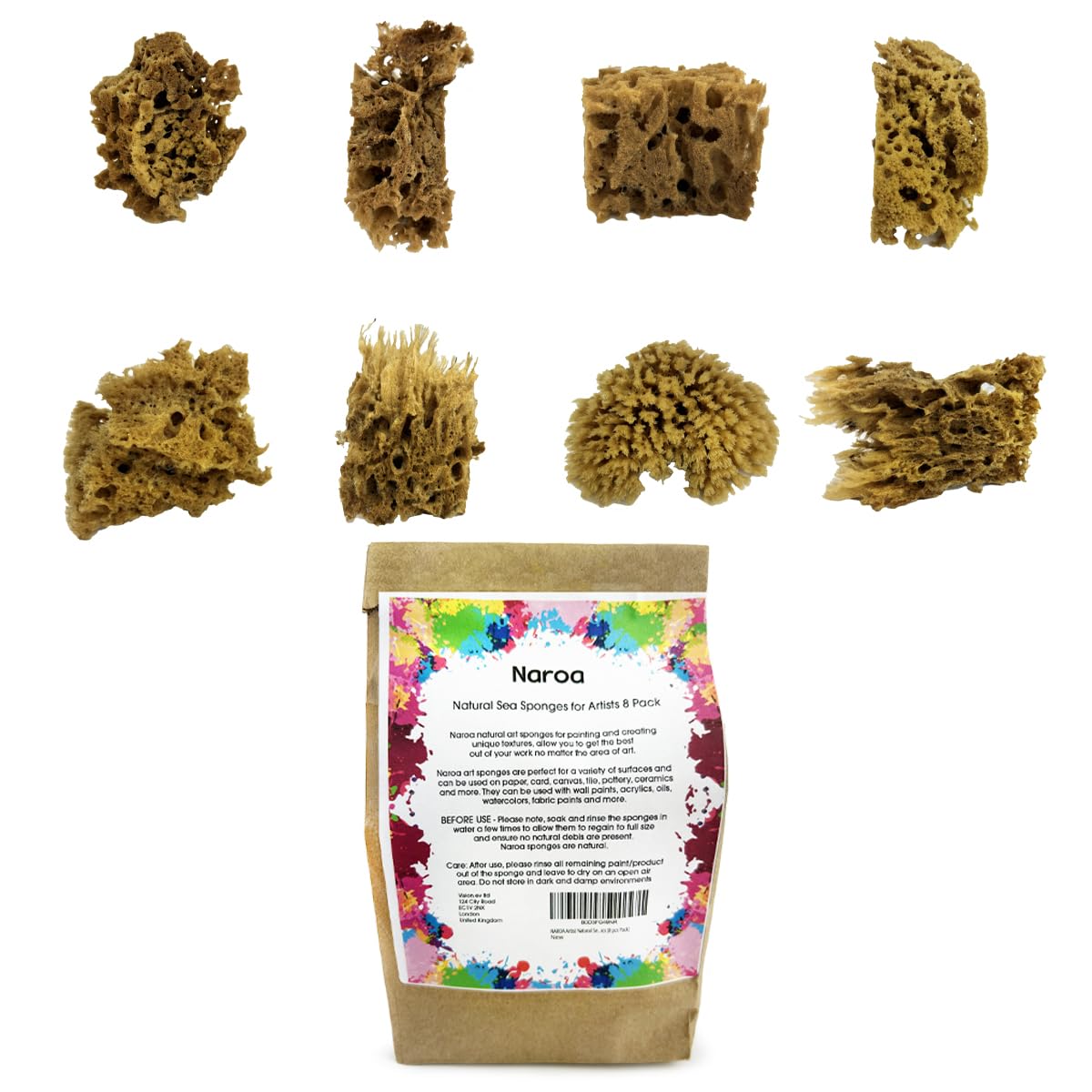 NAROA Artist Natural Sea Sponges for Painting 8 Pack | Unbleached Unique Art Tool Set | Suitable for Acrylic Watercolor, Marbling, Texturing, Pottery, Ceramics