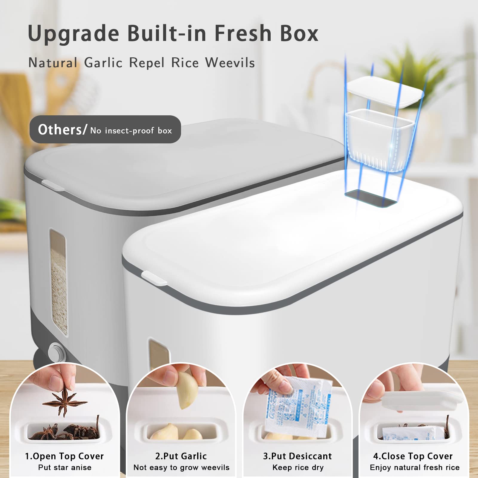 Lenwi 22-25 Lbs Rice Dispenser, Large Cereal Dry Food Storage Containers with Measuring Cup,BPA-Free Household for Kitchen Pantry Organization-Grey