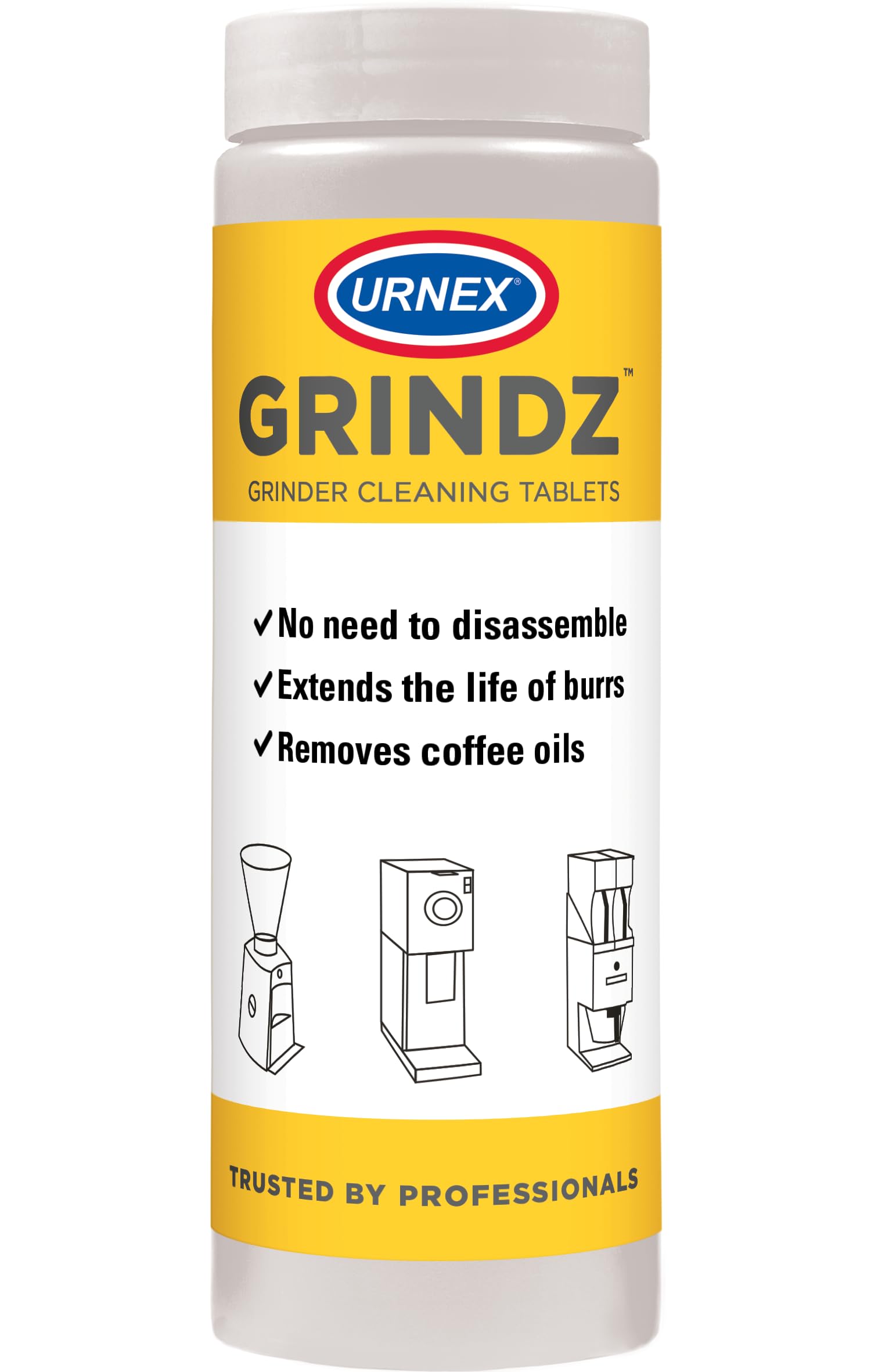 Urnex Grindz Professional Coffee Grinder Cleaning Tablets - 430 Grams - All Natural Food Safe Gluten Free - Cleans Burr and Casing - Help Extend Life of Your Grinder