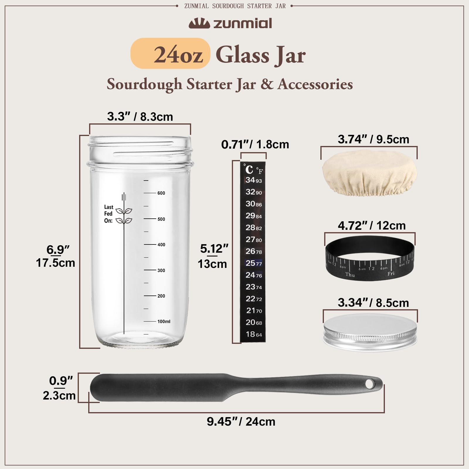 zunmial Sourdough Starter Jar, Sourdough Starter Kit with Date Marked Feeding Band, Thermometer, Cloth Cover & Metal Lid, Reusable Sourdough Bread Baking Supplies, Home Baking Supplies