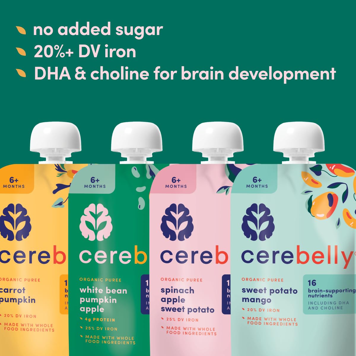 Cerebelly Organic Baby Food Pouches Variety Pack – Organic Veggie Purees for Toddlers | No Added Sugar, Fiber, Non-GMO | Blended Toddler Pouches | 4 Ounce BPA-Free Pouch | 4 Flavors | 8 Count