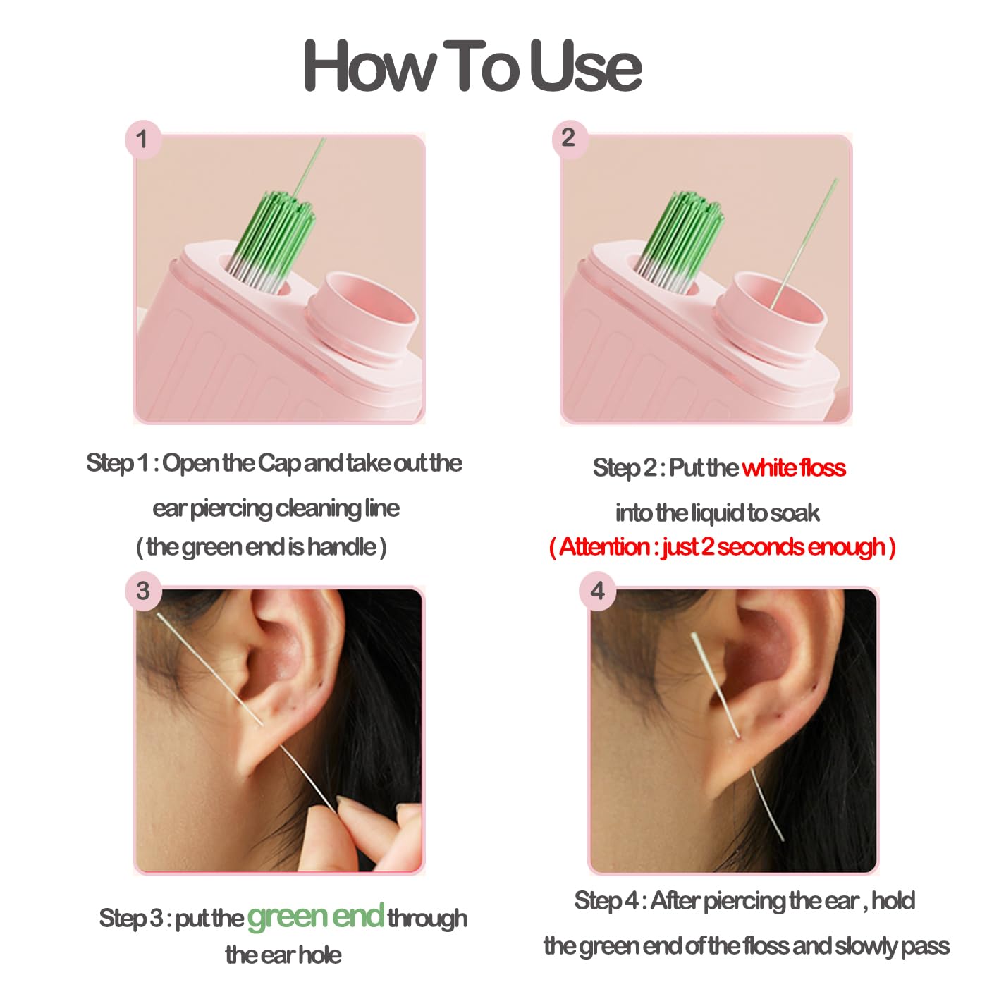 Piercing Cleaner, Ear Hole Cleaner, Piercing Cleaning Kit with 240pcs Disposable Ear Piercing Cleaning Floss & 15ml Cleaning Solution for Women Men