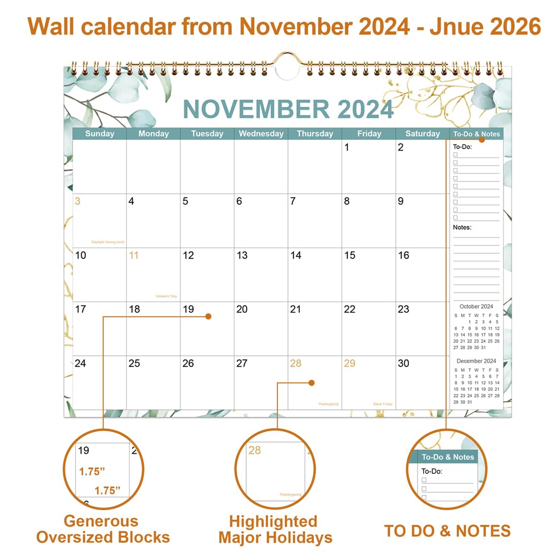 Calendar 2025-18 Months Calendar from January 2025 to June 2026, Wall Calendar 2025-2026 with Thick Paper, 8.5" x 11", Black