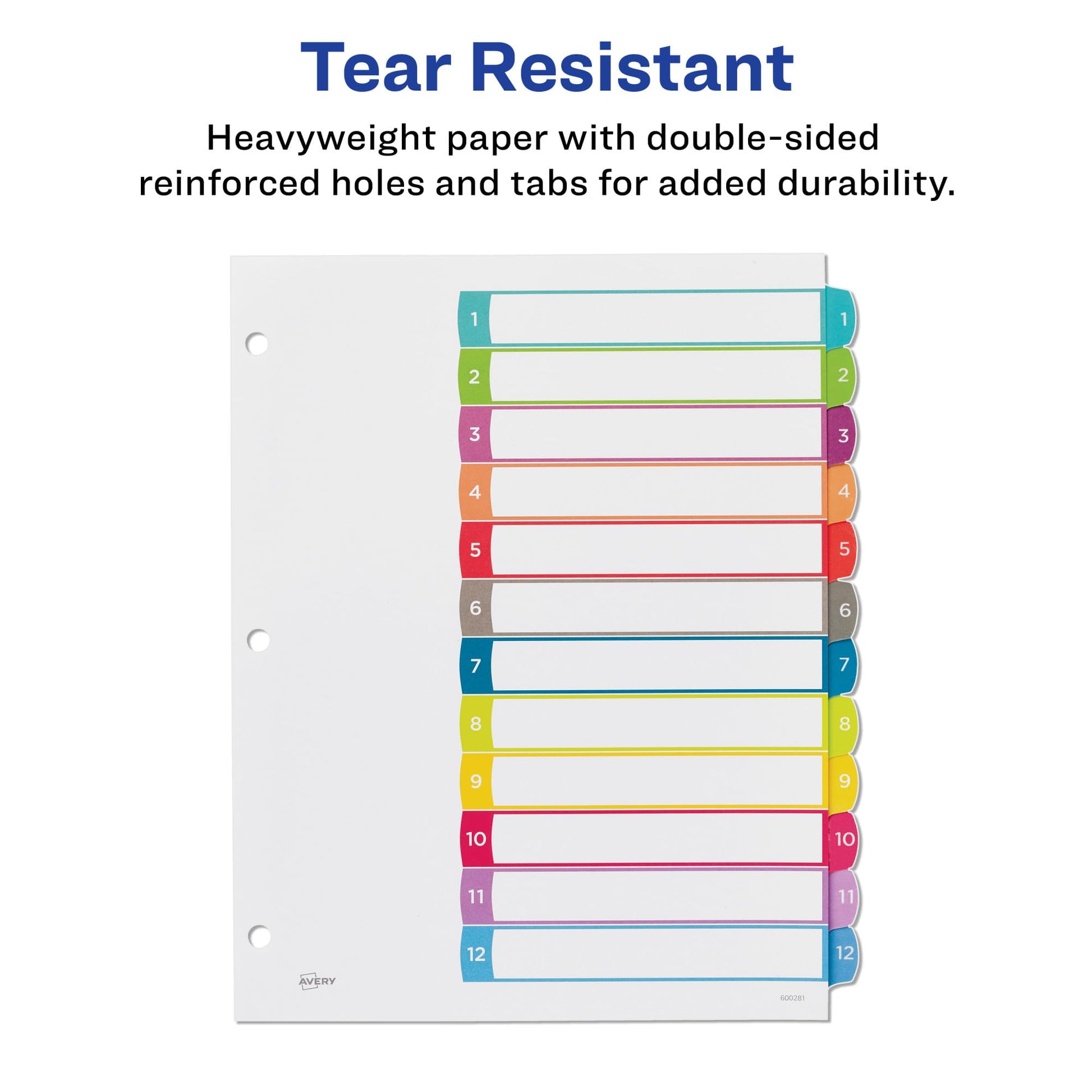 Avery 12 Tab Dividers for 3 Ring Binder, Multicolor Tab Dividers, Customizable Table of Contents, 1 Set (11843)