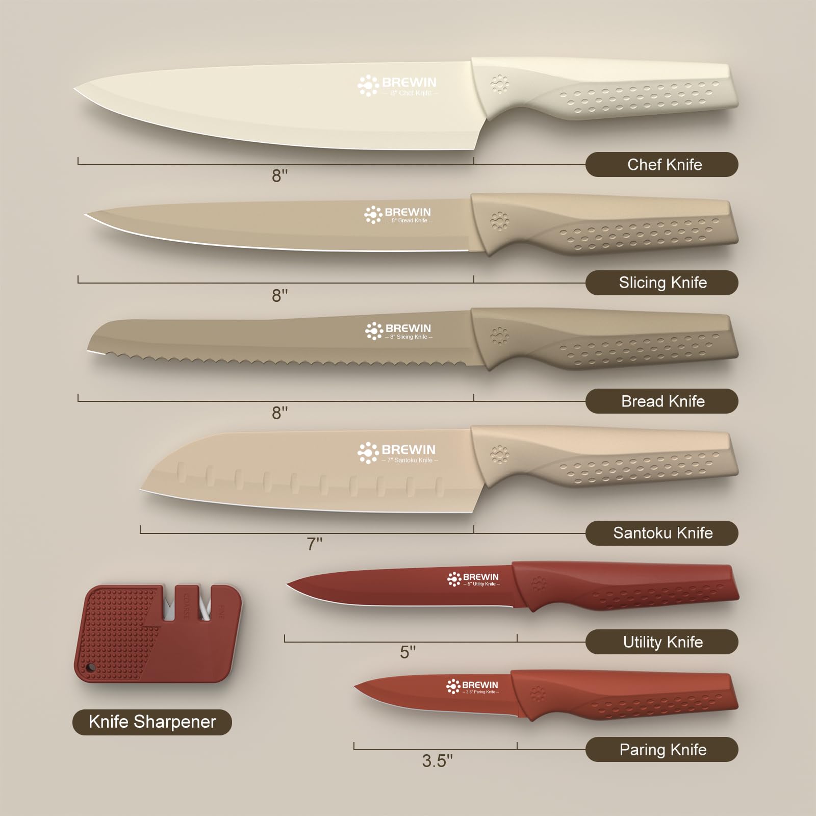 Brewin Knife set, 13 Pieces Kitchen Knives Set, Anti-Rust Coating and Blade Guard, Home Essentials, Camping Essentials - Muliticolor