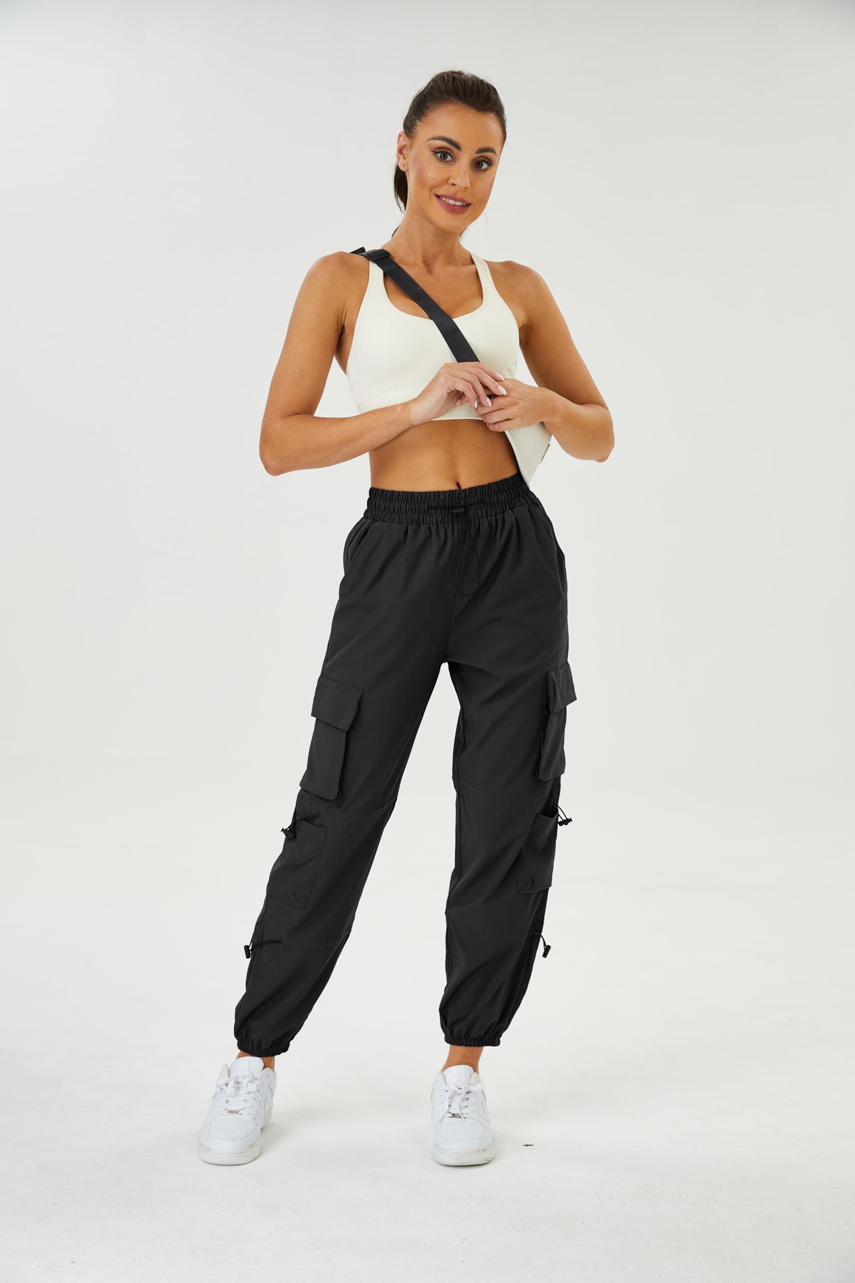 COPYLEAF Womens Parachute Cargo Pants with Pockets Quick Dry Hiking Pants Lightweight Water-Resistant Baggy Joggers(Black L)