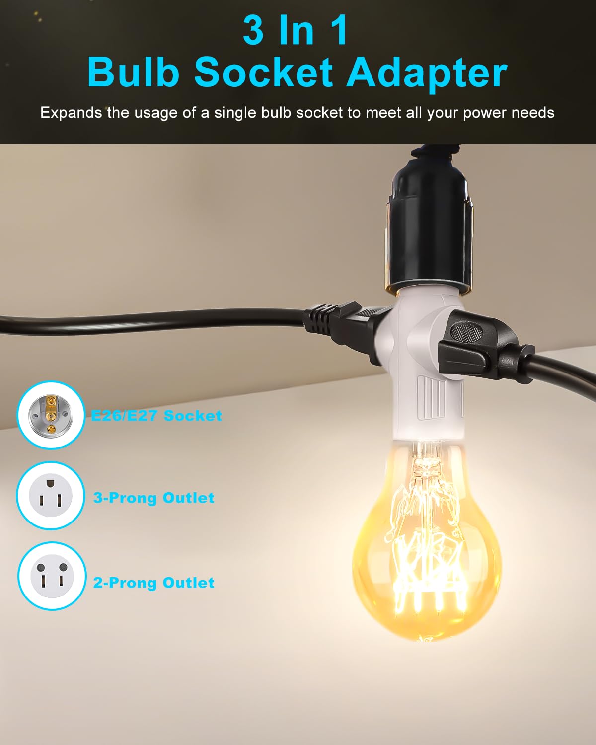Light Socket Outlet Adapter, 3 Prong Light Socket Adapter, Polarized Light Bulb Outlet Socket, to Plug Adapter for Garage Porch (White, 2)