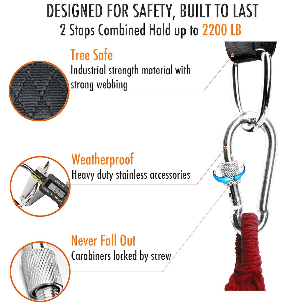 Tree Swing Hanging Straps Kit, Heavy Duty Holds 2200LBS 5FT Extra Long, with Safer Lock Snap Carabiners & Carry Pouch Bag